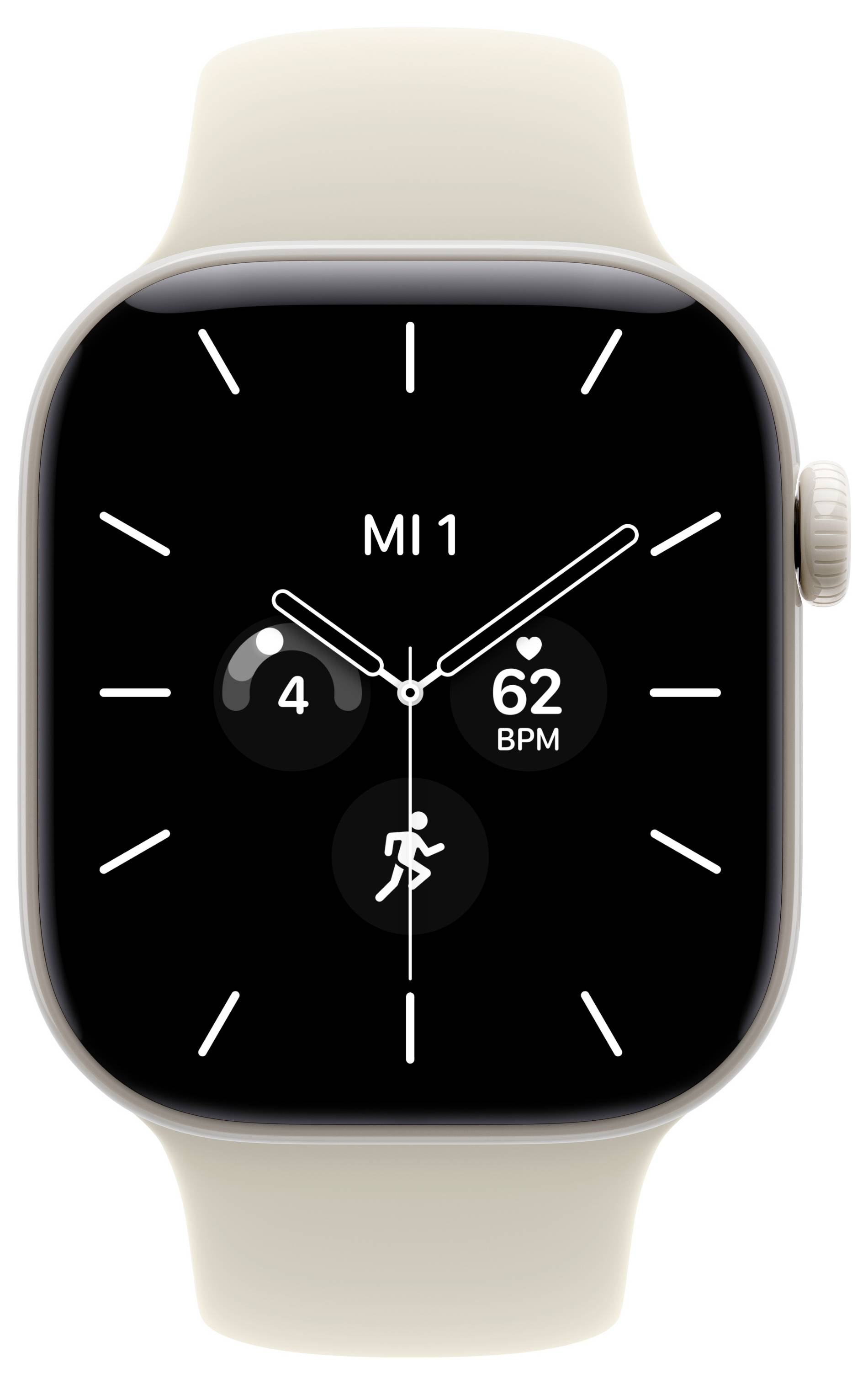 Apple Watch mit beigefarbenem Armband zeigt ein schwarzes analoges Zifferblatt mit der Bezeichnung "MI 1" an, mit Herzfrequenz 62 BPM und Aktivitätssymbolen.