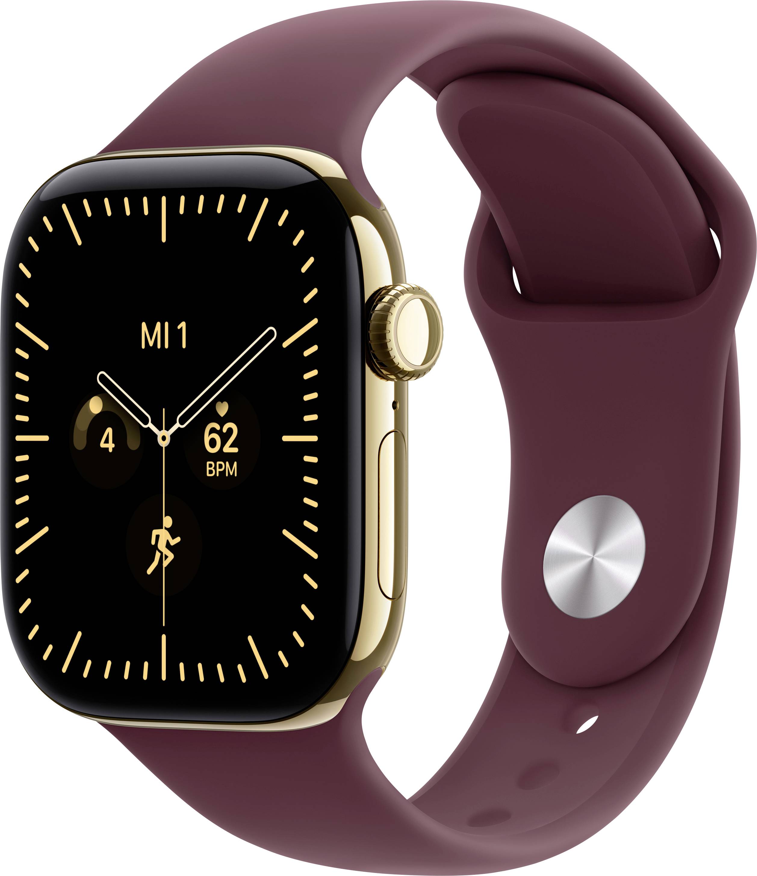 Goldene Smartwatch mit schwarzem Zifferblatt und burgunderfarbenem Armband, auf dem "MI1", die Uhrzeit 4:10 und ein Herzfrequenz-Symbol mit 62 BPM angezeigt wird.