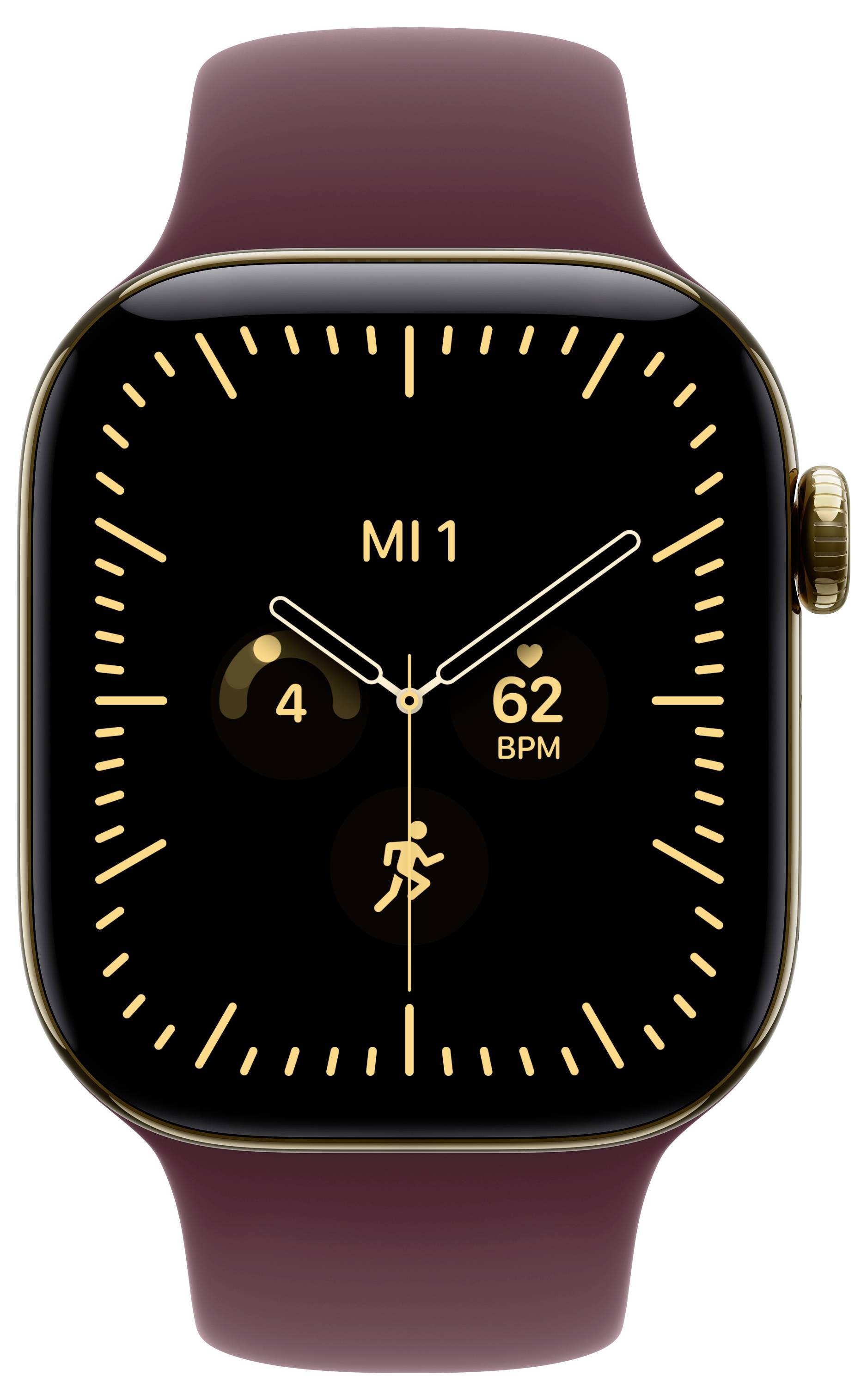 Gold Apple Watch mit burgunderfarbenem Armband, das ein schwarzes Ziffernblatt mit "MI 1", 4 Schritte, 62 BPM und ein Laufsymbol anzeigt.