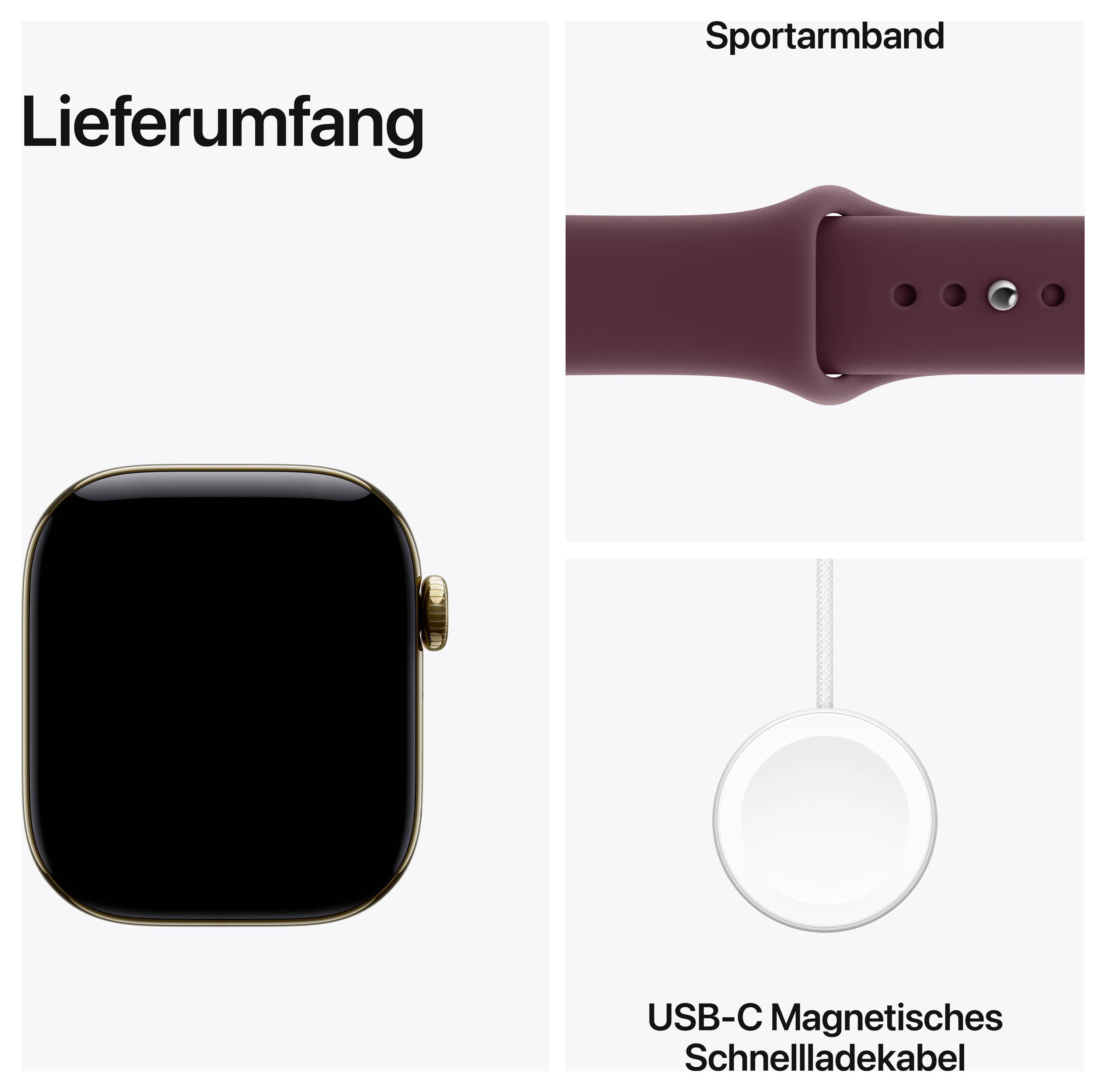 Lieferumfang einer Smartwatch: Uhr, Sportarmband und USB-C magnetisches Schnellladekabel.<br>