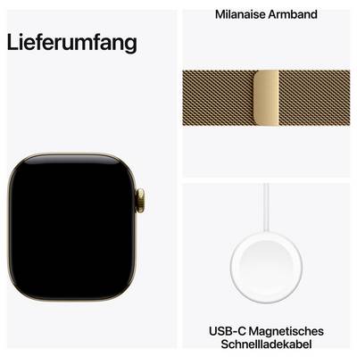 Lieferumfang eines Smartwatches: Uhrgehäuse, Milanaise-Armband und USB-C-Magnetisches Schnellladekabel.