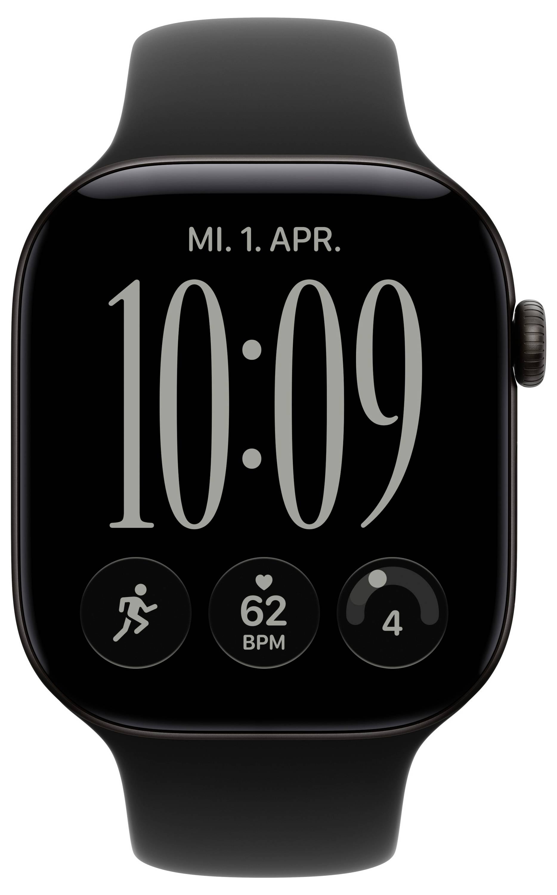 Schwarze Apple Watch mit Anzeige von „MI. 1. APR." und Uhrzeit 10:09, mit Trainings-, Herzfrequenz 62 BPM und Aktivitätsring-Komplikationen