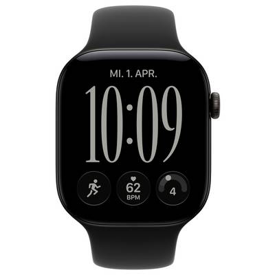 Schwarze Apple Watch mit Anzeige von „MI. 1. APR." und Uhrzeit 10:09, mit Trainings-, Herzfrequenz 62 BPM und Aktivitätsring-Komplikationen