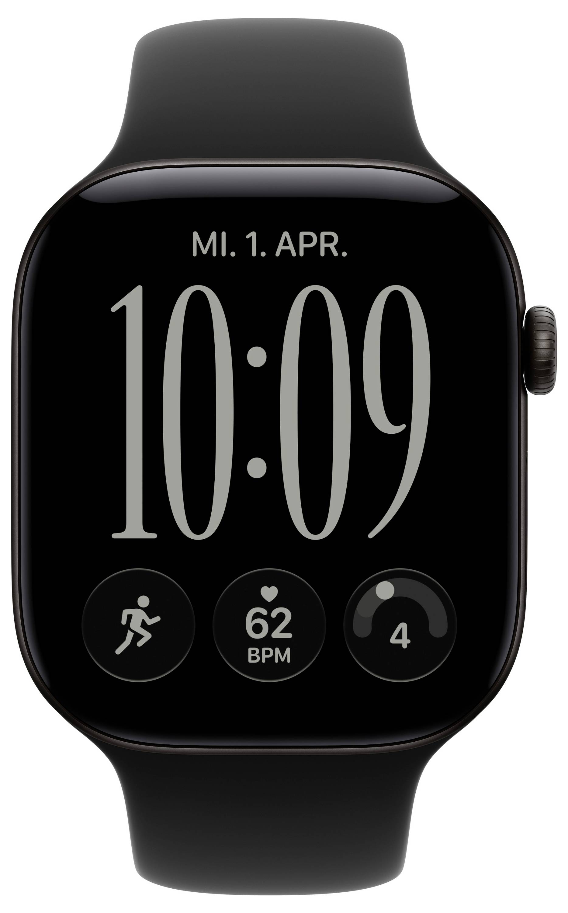 Schwarze Apple Watch zeigt 10:09 auf dem Display an, mit dem Datum „MI. 1. APR." und drei Widgets am unteren Rand für Aktivität, Herzfrequenz 62 BPM und Schritte 4.