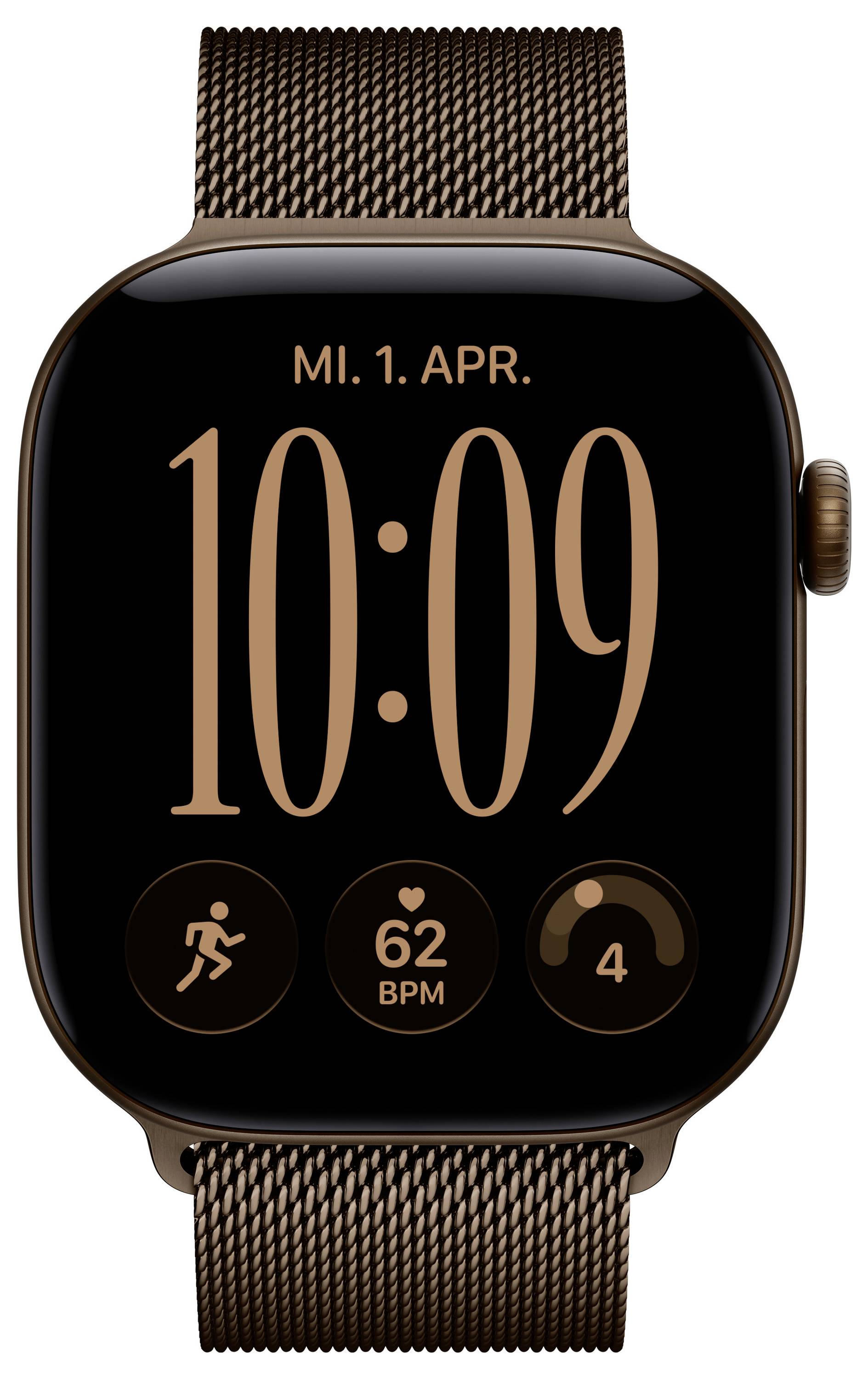 Apple Watch zeigt 10:09 an einem Dienstag, 1. April, mit drei Aktivitäts-/Gesundheitskomplikationen: Trainingseinheit, Herzfrequenz 62 Schläge pro Minute und eine Ringanzahl von 4.