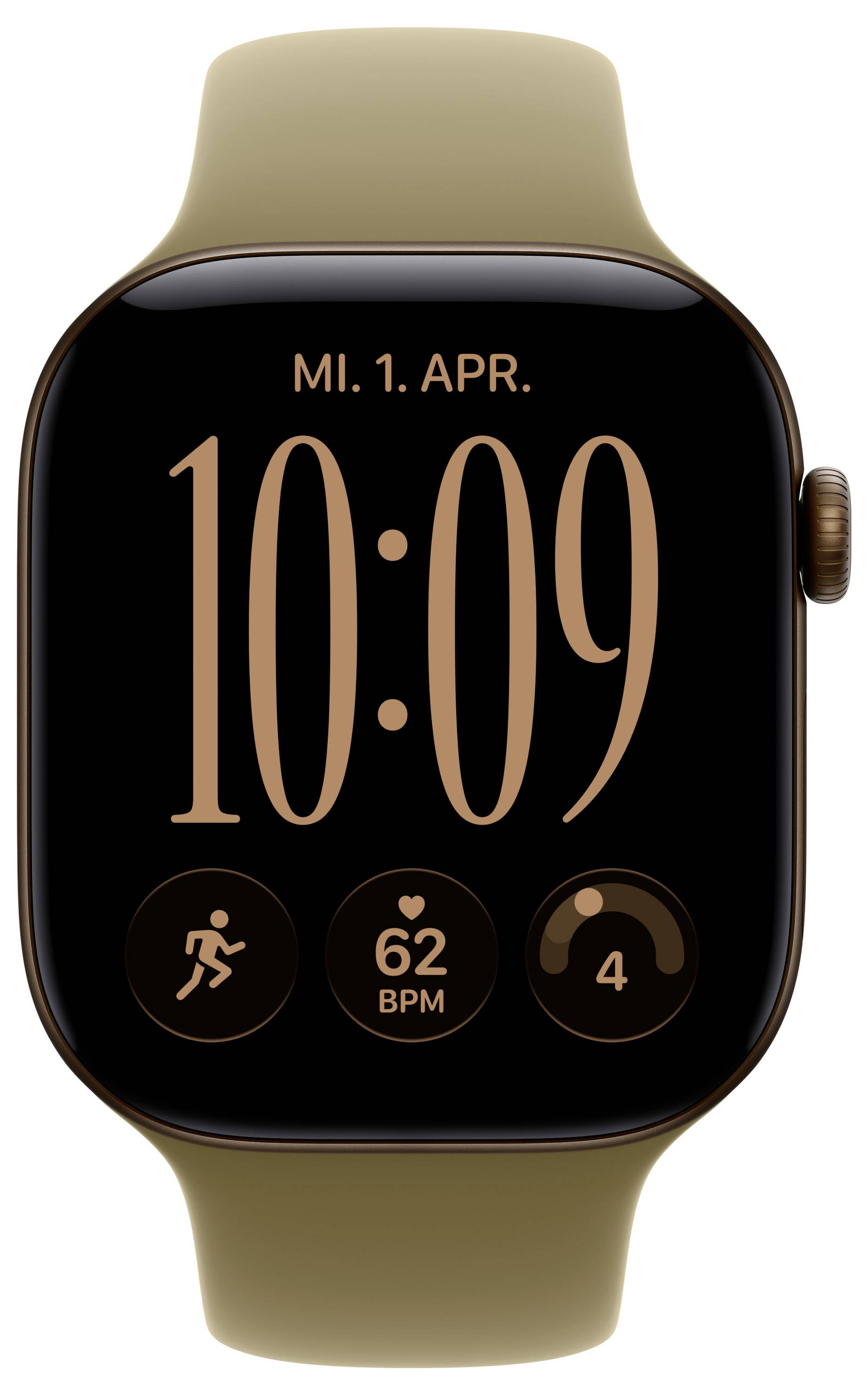 Gold Apple Watch zeigt die Uhrzeit 10:09, das Datum „MI. 1. APR.", und Aktivität, Herzfrequenz 62 BPM, und Wetter 4° Komplikationen auf einem schwarzen Zifferblatt.