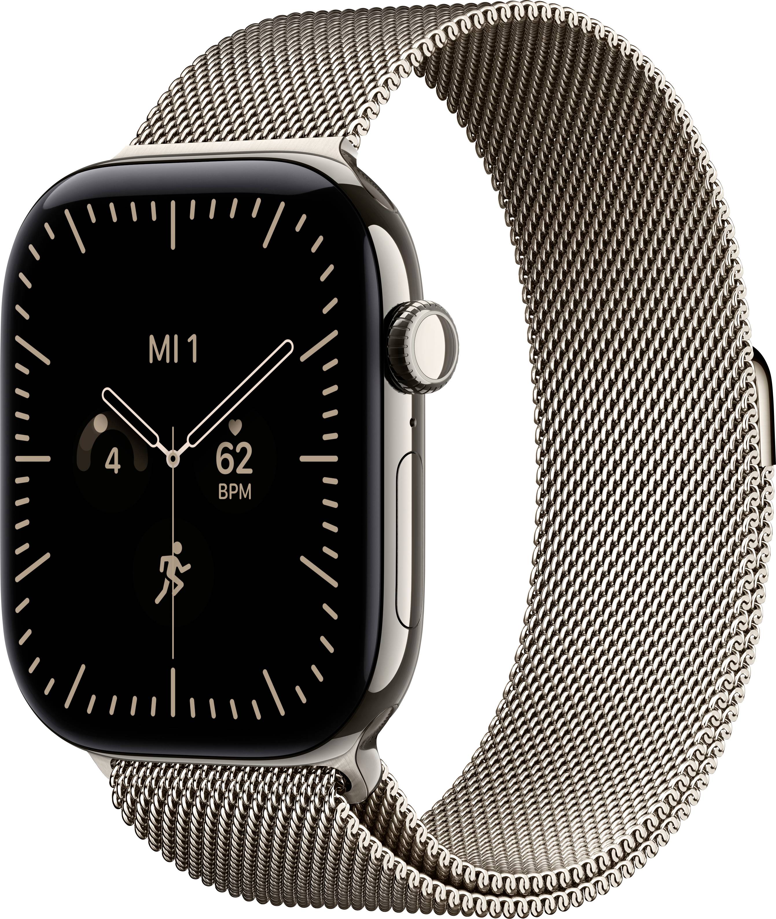 Apple Watch mit schwarzem Display, das „M11", 4:00 und 62 BPM anzeigt, gepaart mit einem silbernen Mesh-Armband.