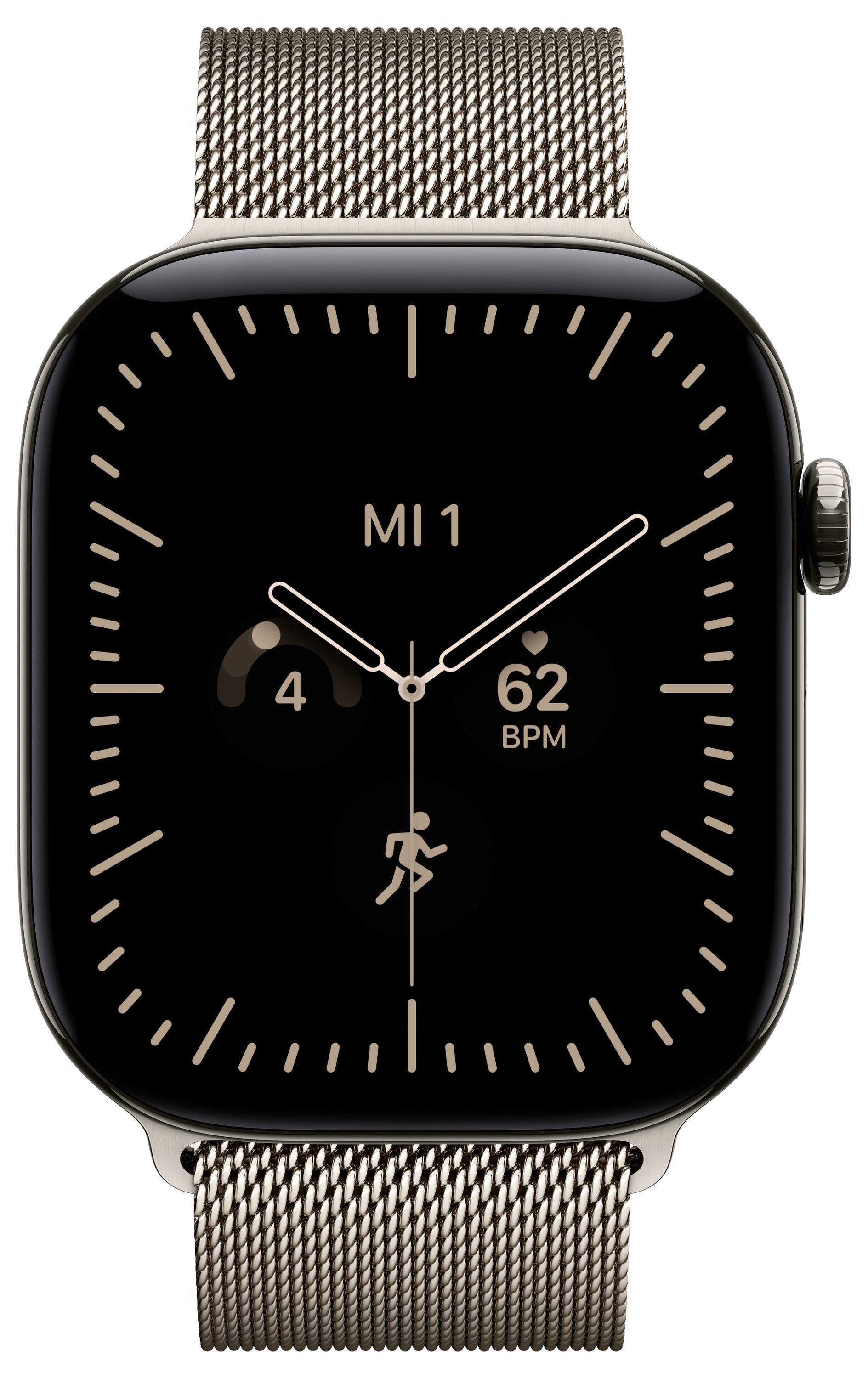 Gold Apple Watch mit schwarzem Zifferblatt in Analogform, die Uhrzeit 10:10 anzeigend, Datum 'MI 1', Herzfrequenz 62 BPM und Aktivitätsringe.