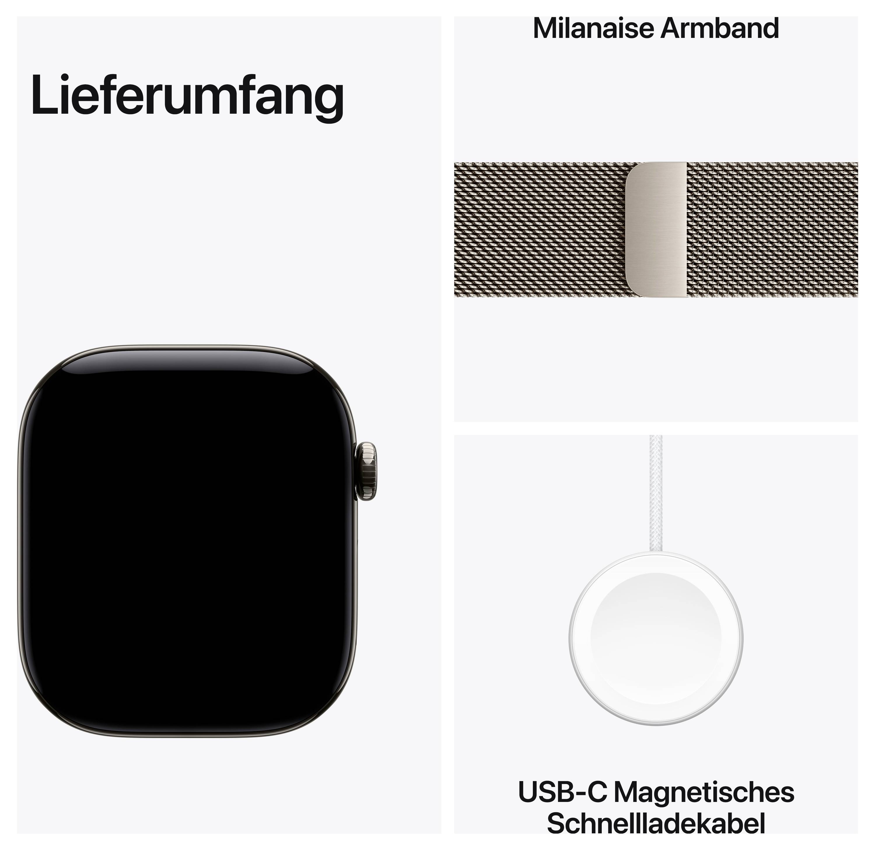 Lieferumfang: Smartwatch, Milanaise-Armband und USB-C magnetisches Schnellladekabel.