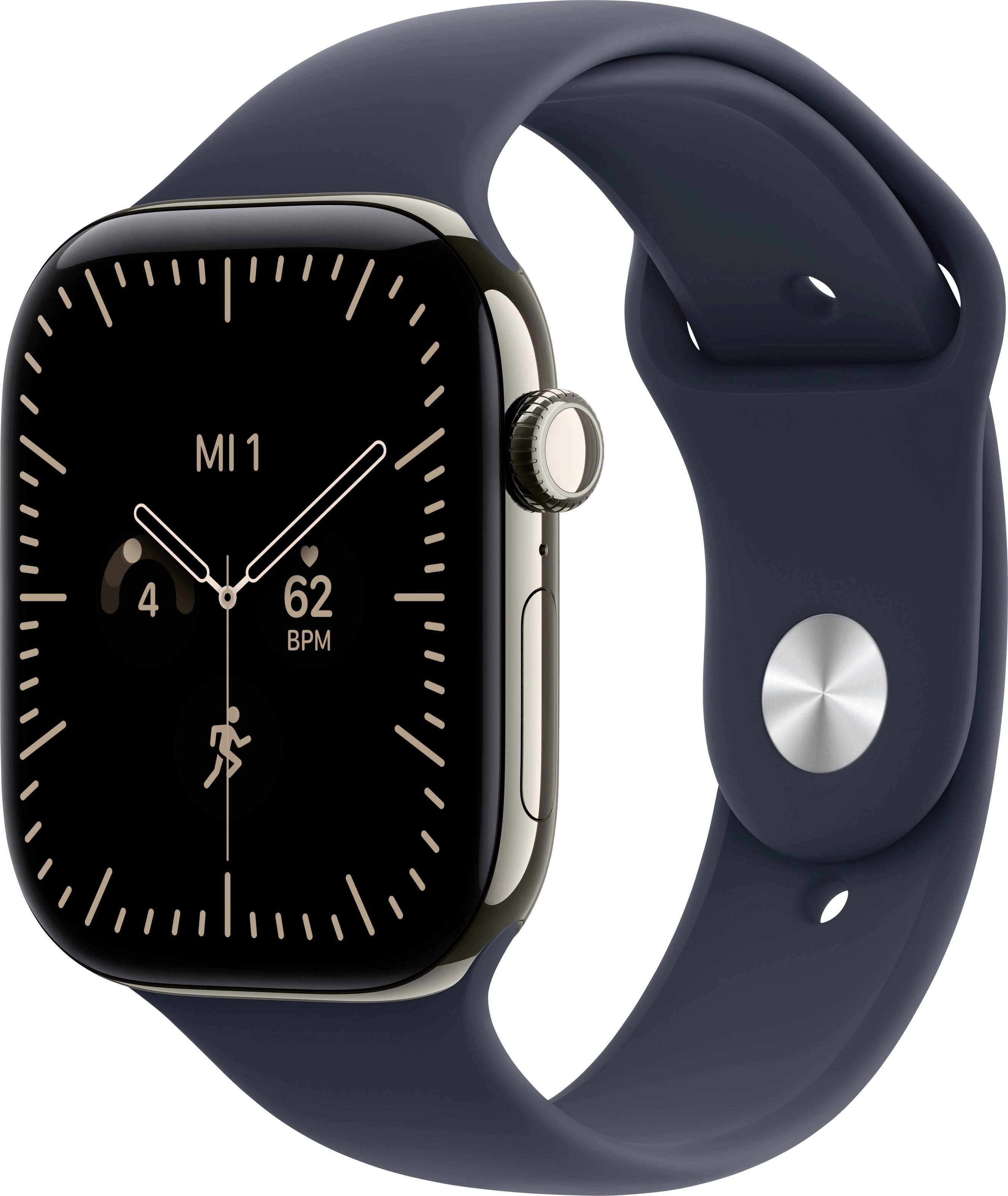 Gold-Smartwatch im Rechteckformat mit dunkelblauem Armband, Zifferblatt im Analogstil mit Anzeige "MI1" und Herzfrequenz "62 BPM".