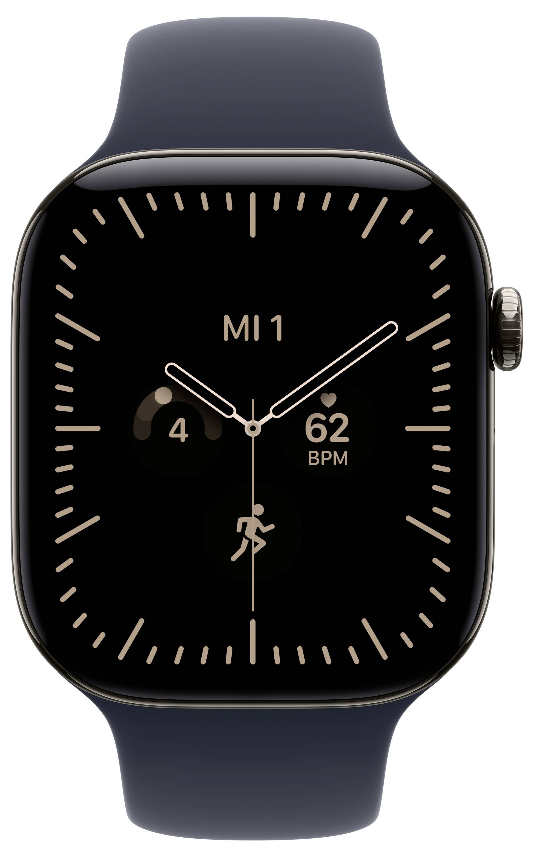 Schwarze Smartwatch mit analogem Zifferblatt, auf dem „MI 1", das Datum 4, Herzfrequenz 62 BPM und ein Trainings-Symbol angezeigt werden.