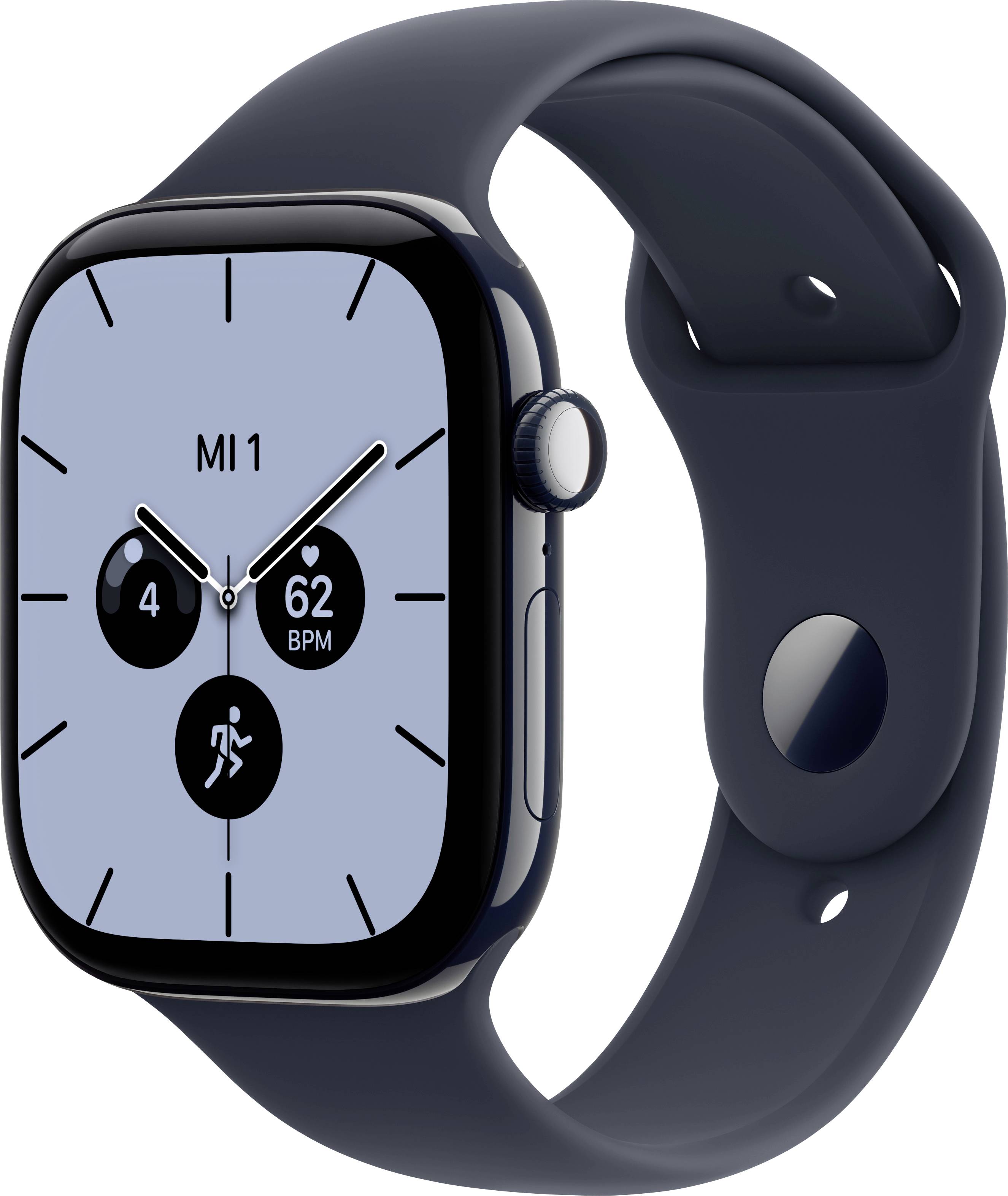 Schwarze Smartwatch mit einem hellblauen Zifferblatt im Analogstil, das "M1", Schrittanzahl, Herzfrequenz und Workout-Symbole auf einem dunklen Sportarmband anzeigt.