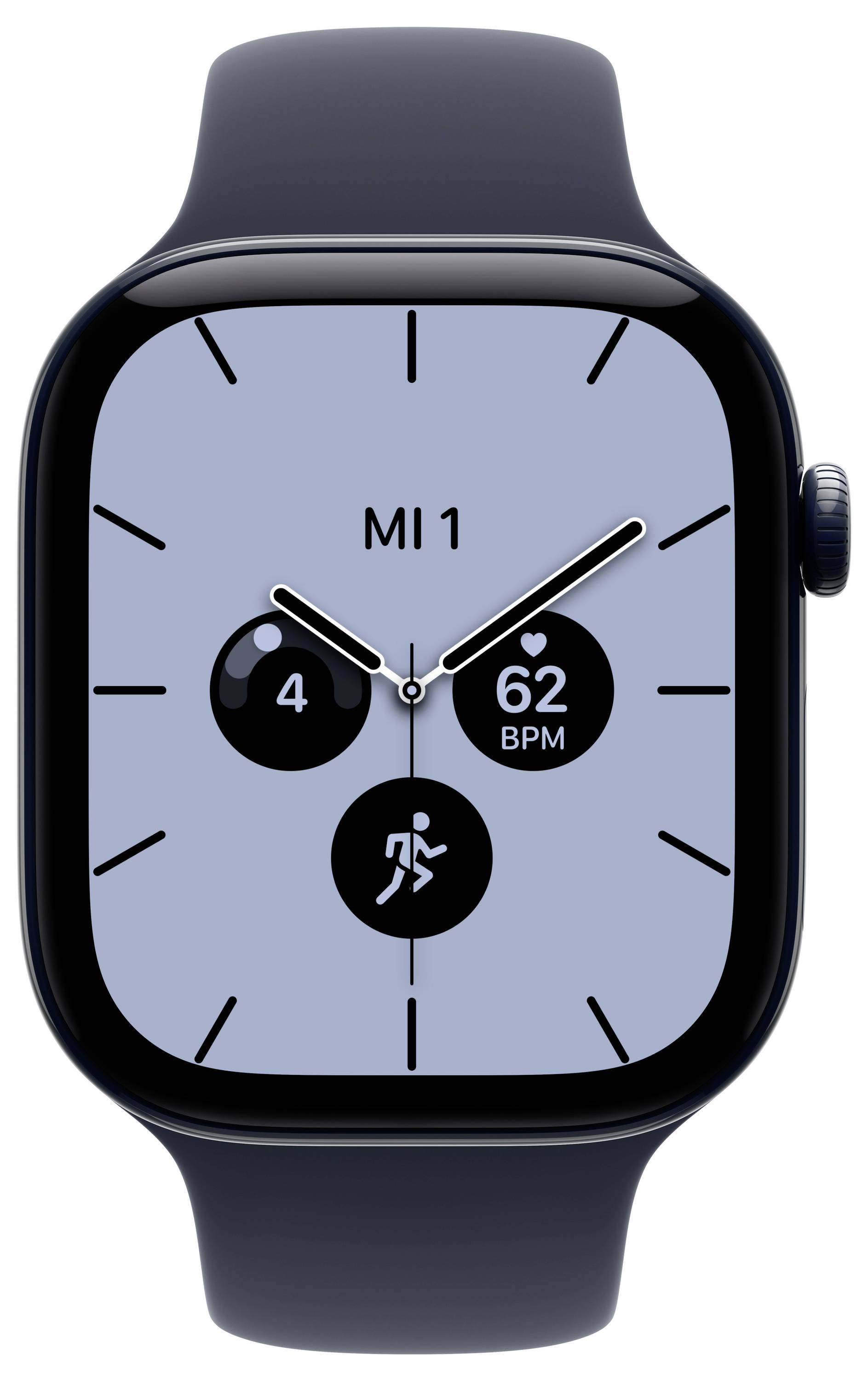 Apple Watch mit einem hellblauen analogen Zifferblatt mit der Bezeichnung „MI 1", schwarzen Stundenmarkern und drei Komplikationen im Activity-Stil, einschließlich „62 BPM".