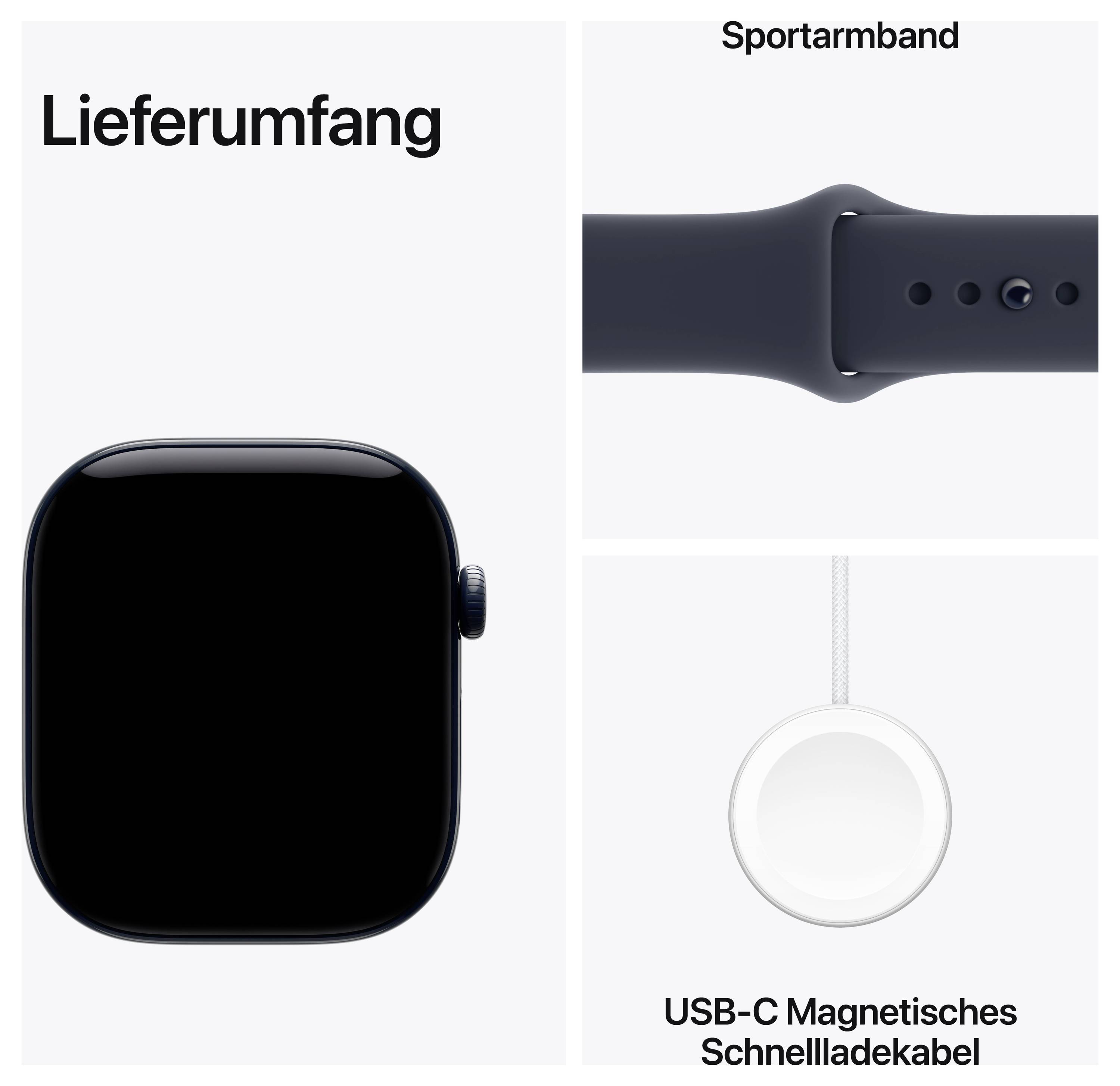 Lieferumfang einer Smartwatch: Gehäuse links, Sportarmband rechts oben und USB-C magnetisches Schnellladekabel rechts unten.<br>