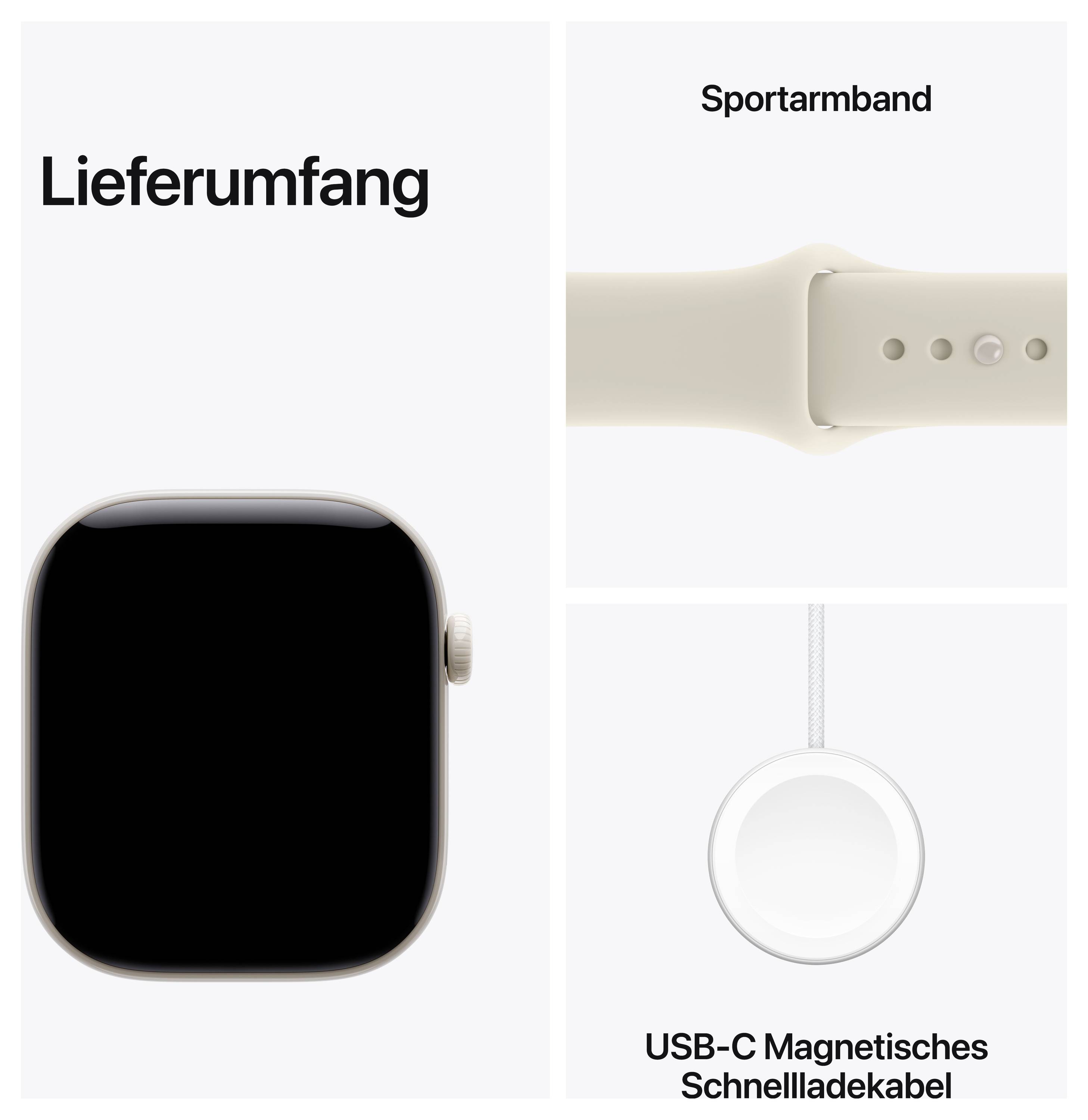 Lieferumfang mit Smartwatch, Sportarmband und USB-C magnetischem Schnellladekabel.