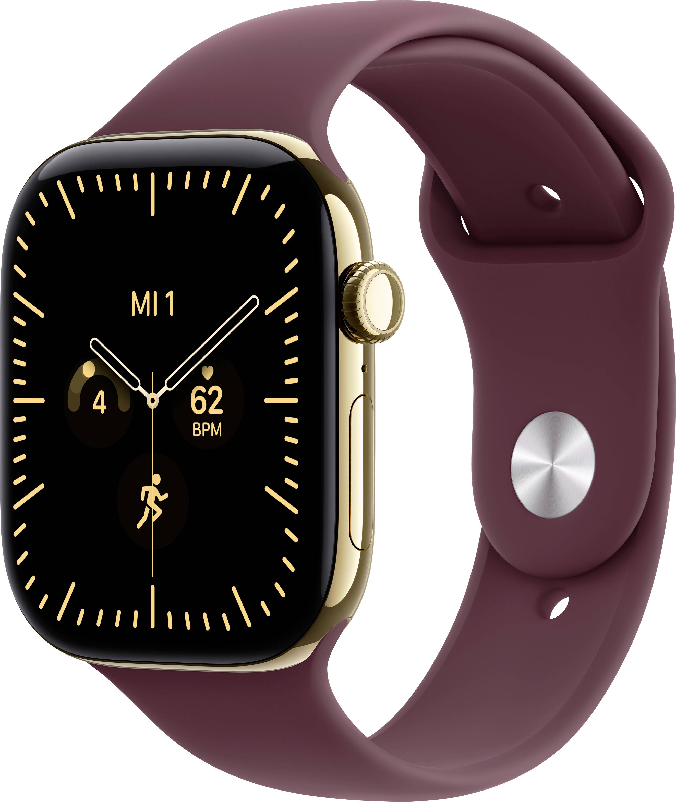Goldene Xiaomi Mi1 Smartwatch mit schwarzem Display und burgunderrotem Armband, zeigt analoges Zifferblatt und Pulsmessung von 62 BPM.