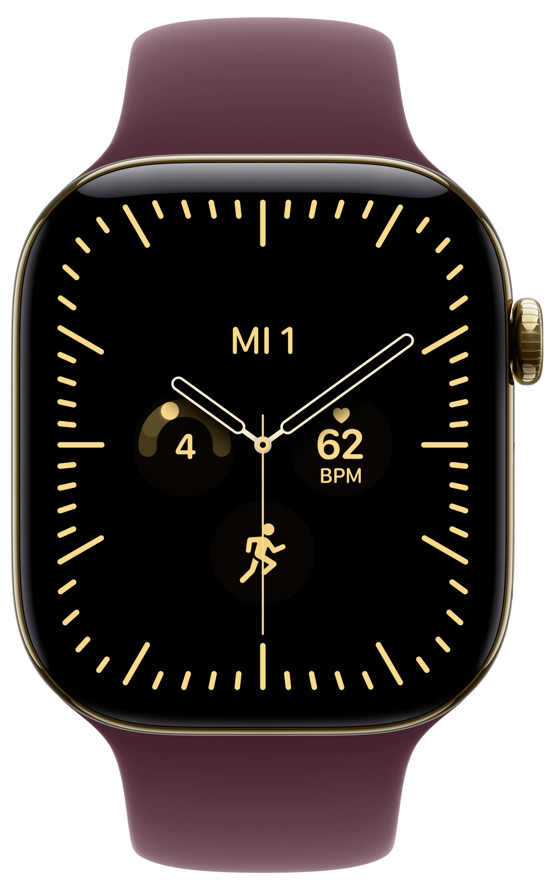 Apple Watch mit dunklem Analogzifferblatt, das MI 1, Schrittanzahl 4, Herzfrequenz 62 BPM und ein Trainingssymbol anzeigt, auf einem burgunderroten Armband.
