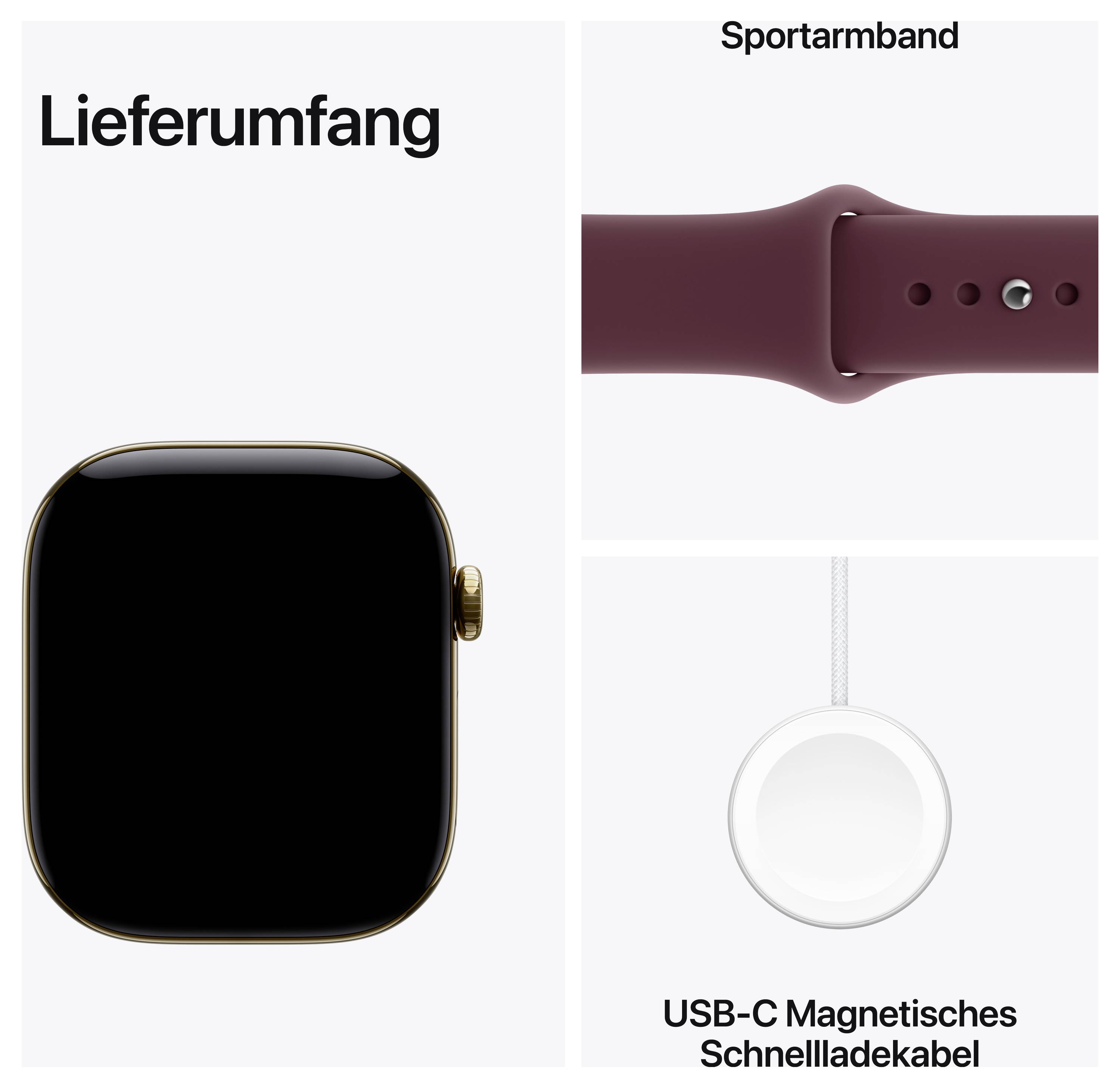 Lieferumfang: eine quadratische Smartwatch, ein Sportarmband und ein USB-C-Magnet-Schnellladekabel.<br>
