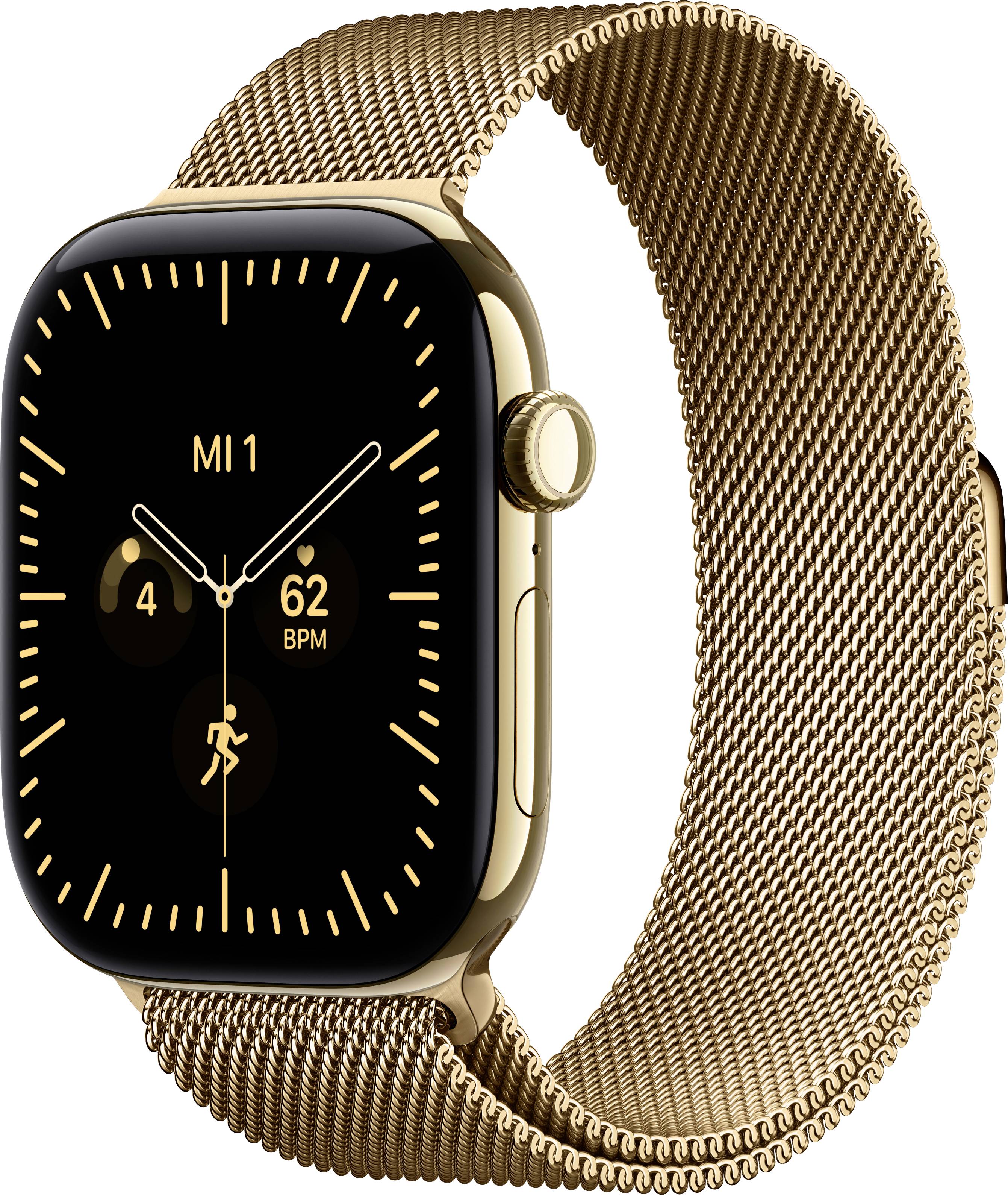 Goldene Apple Watch mit schwarzem Zifferblatt und Milanaise-Armband, zeigt digitale Uhrzeit 'MI1' und Aktivitätsindikatoren an.