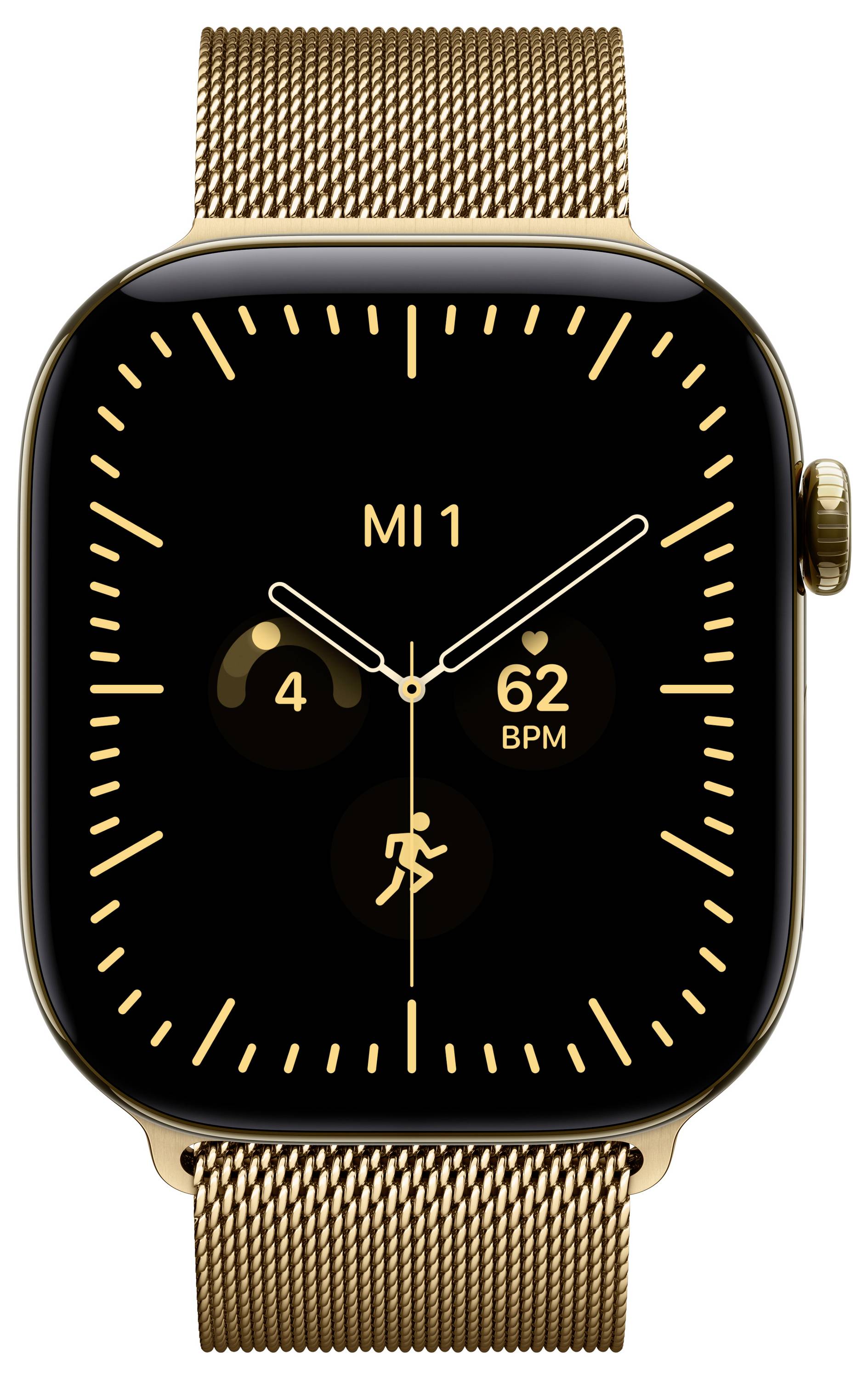 Gold Apple Watch mit schwarzem Analogzifferblatt, zeigt MI 1, 62 BPM und Trainings-Symbol auf einem Mesh-Goldarmband an.