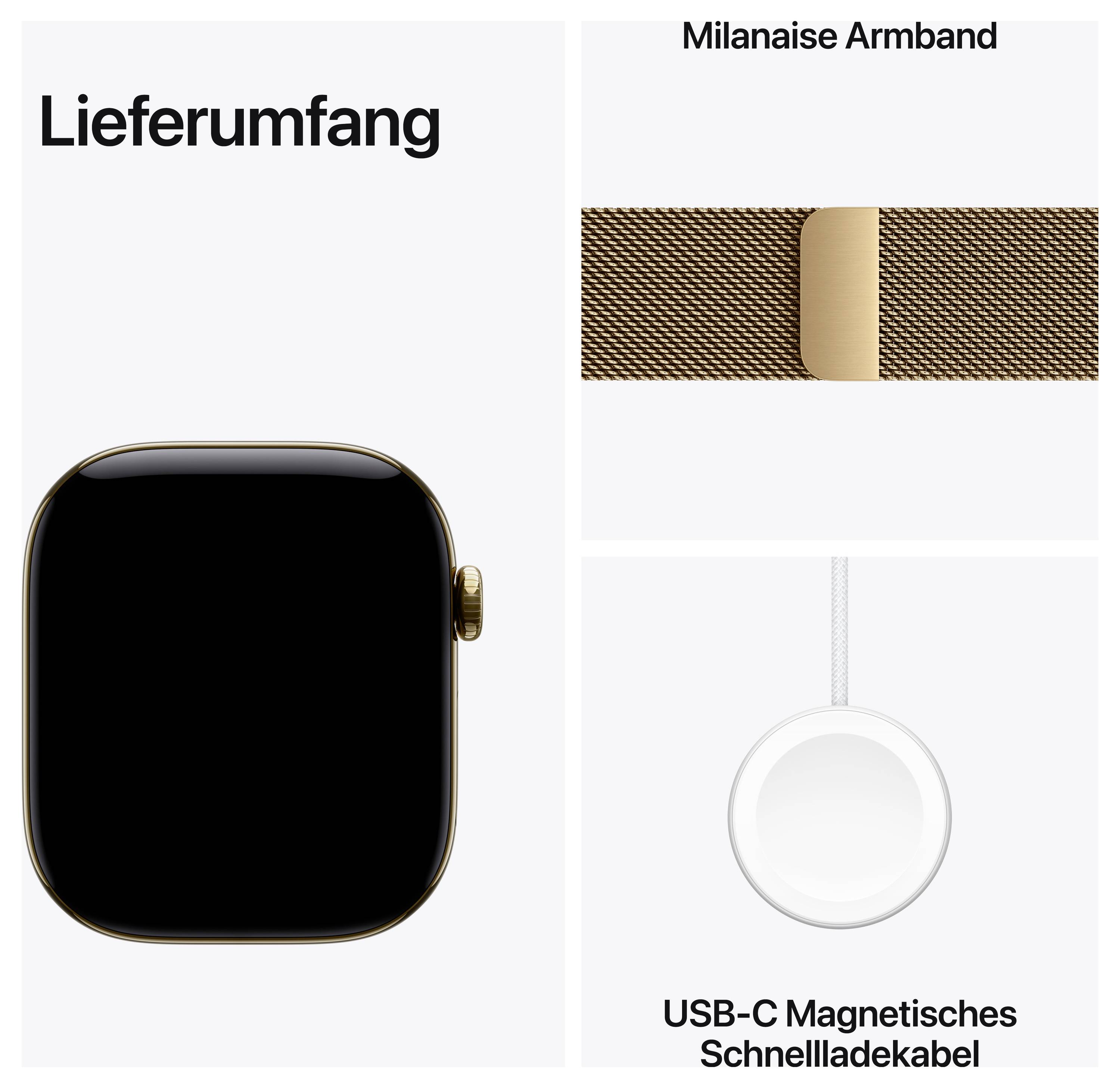 Lieferumfang einer Smartwatch: Uhr, Milanaise-Armband und USB-C magnetisches Schnellladekabel.<br>