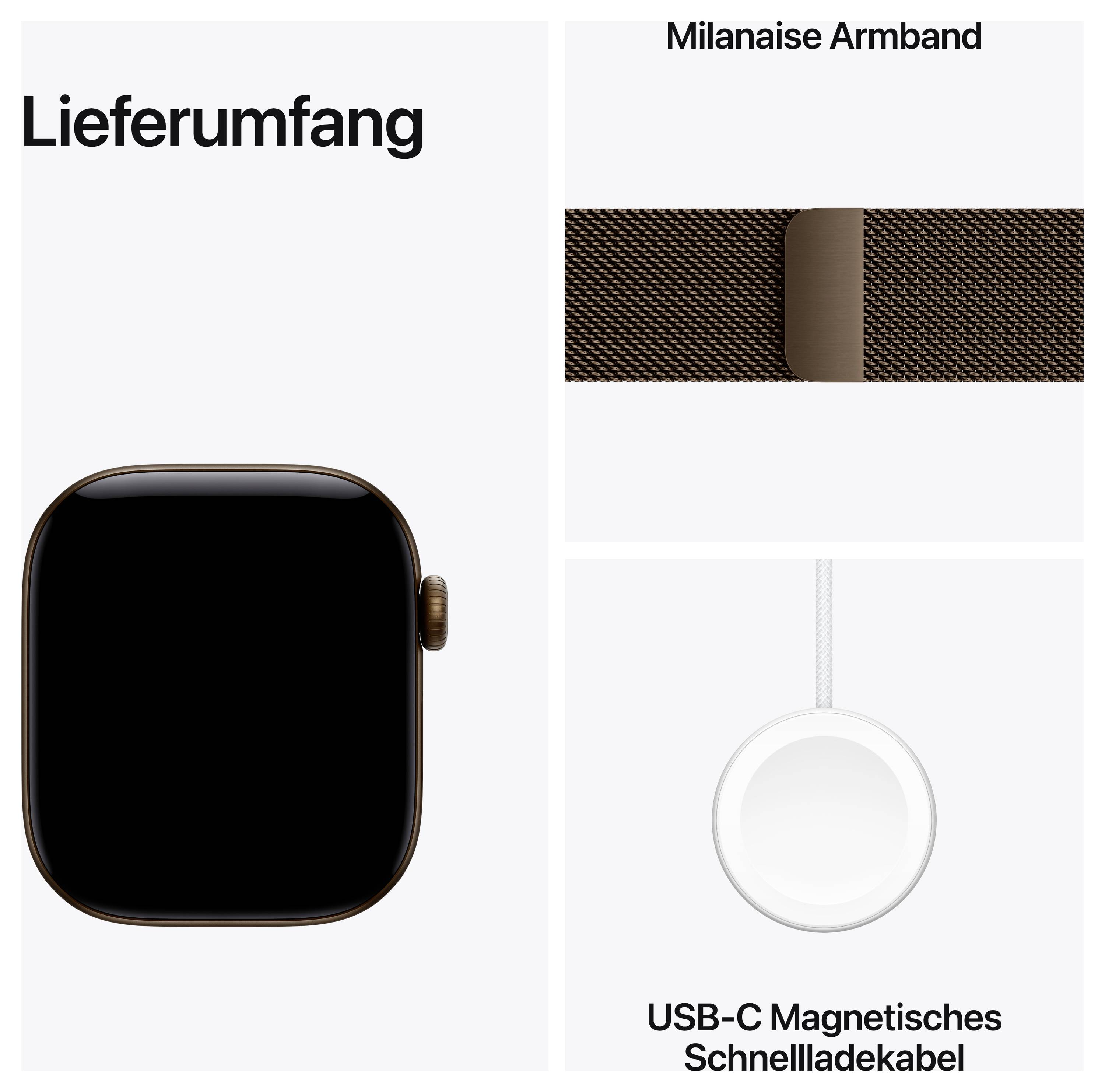 Lieferumfang eines Smartwatch-Sets: Uhrgehäuse, Milanese-Armband und USB-C-Magnet-Schnellladekabel.