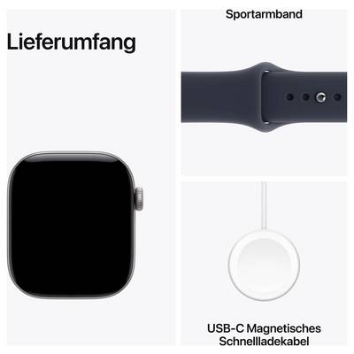 Lieferumfang einer Smartwatch: Uhr, Sportarmband und USB-C magnetisches Schnellladekabel.<br>