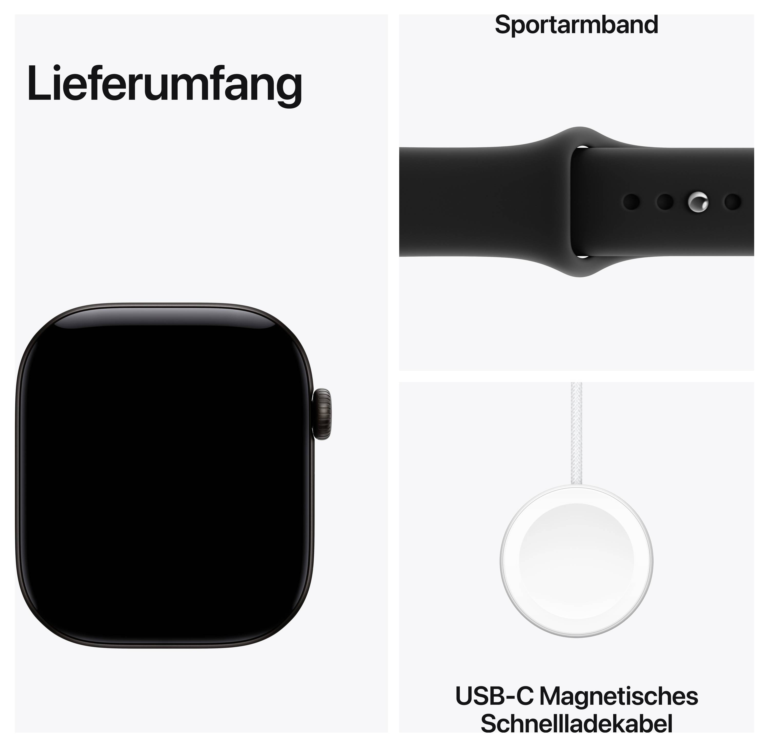Lieferumfang einer Smartwatch: Uhrgehäuse, Sportarmband und USB-C magnetisches Schnellladekabel.<br>