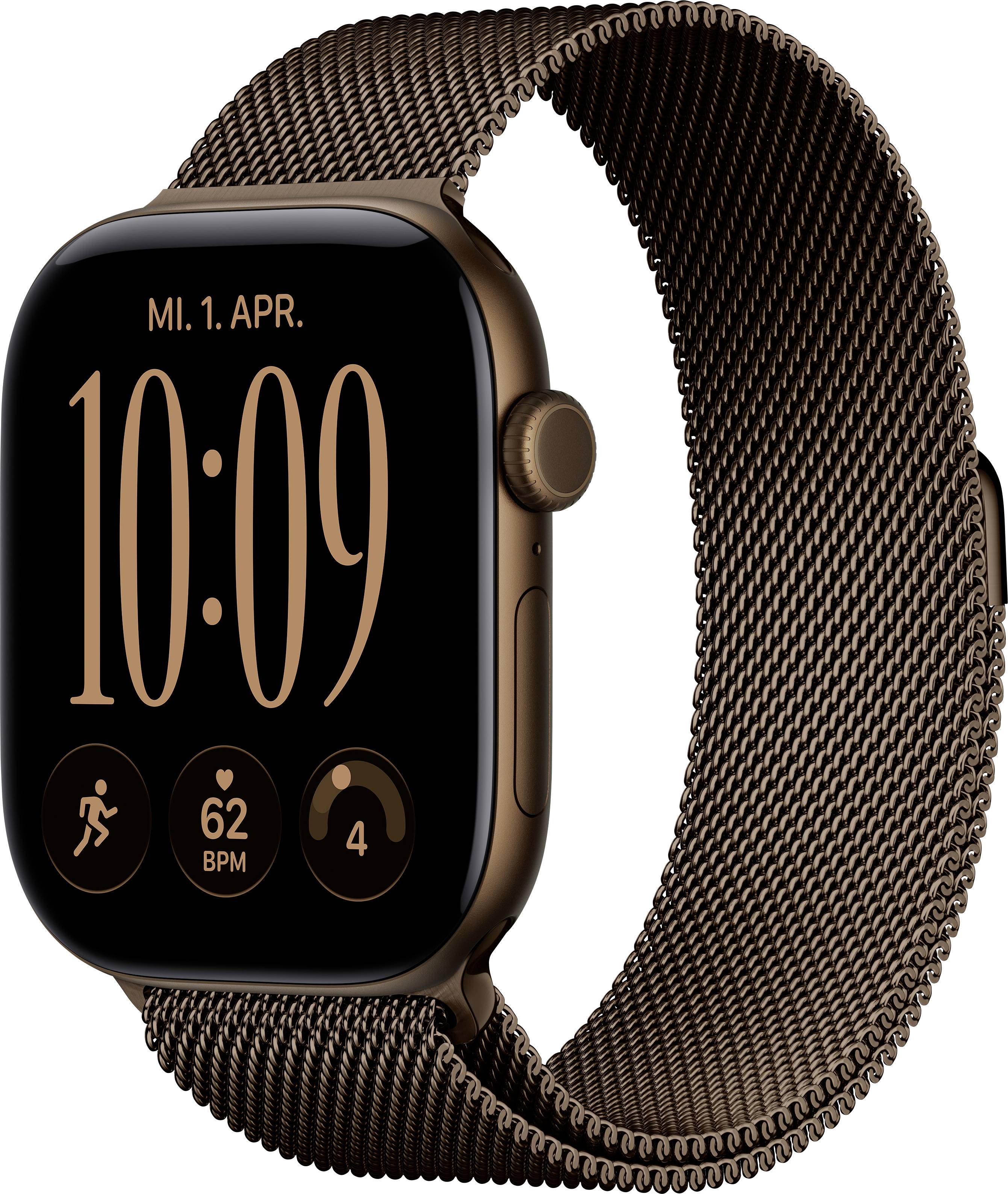 Eine Bronze-Smartwatch mit Mesh-Armband zeigt 10:09 Uhr, das Datum „Mi. 1. Apr." und Fitness-Symbole auf dem Display.