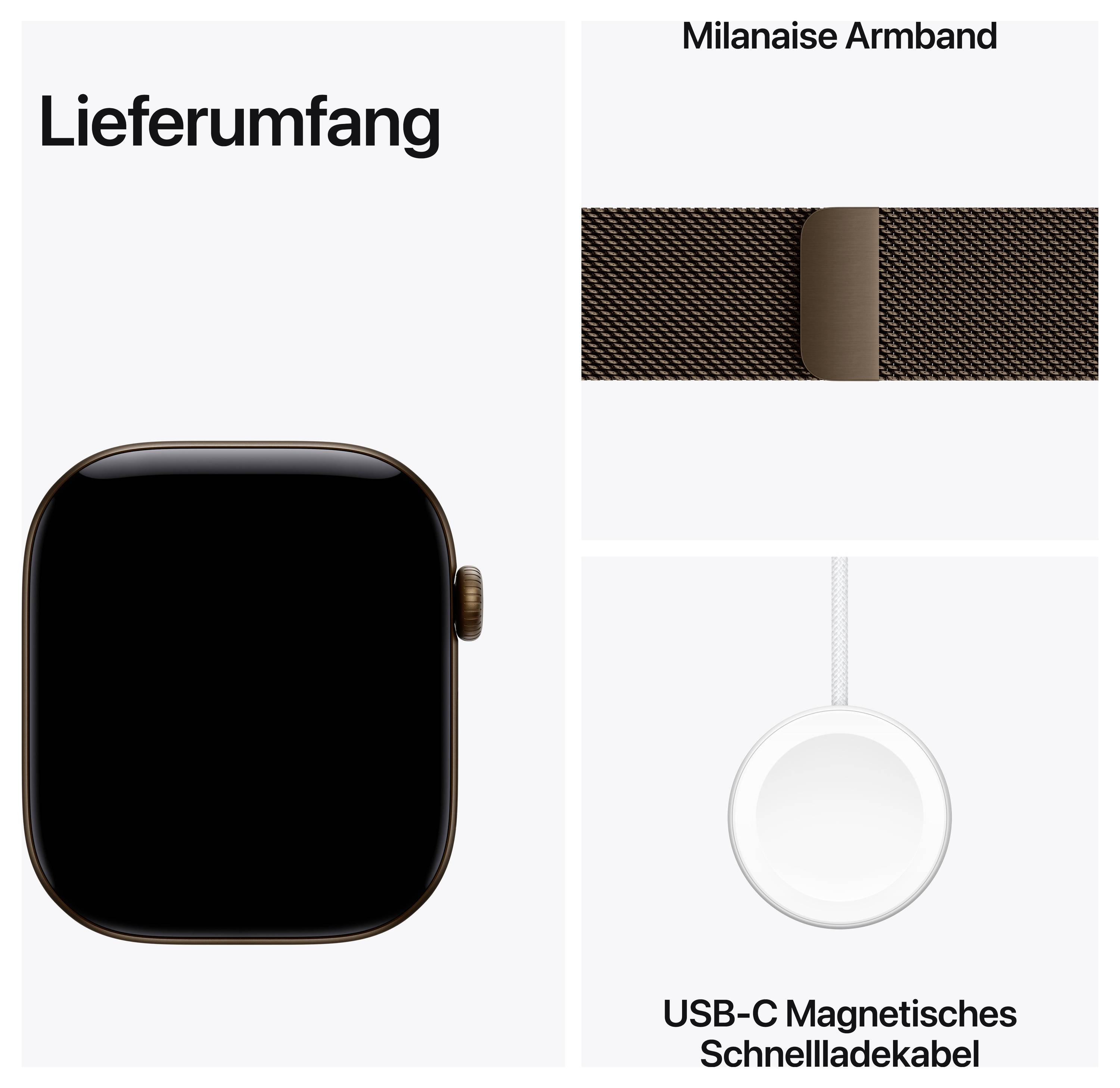Lieferumfang einer Smartwatch: Uhr, Milanaise-Armband und USB-C-Magnet-Schnellladekabel.