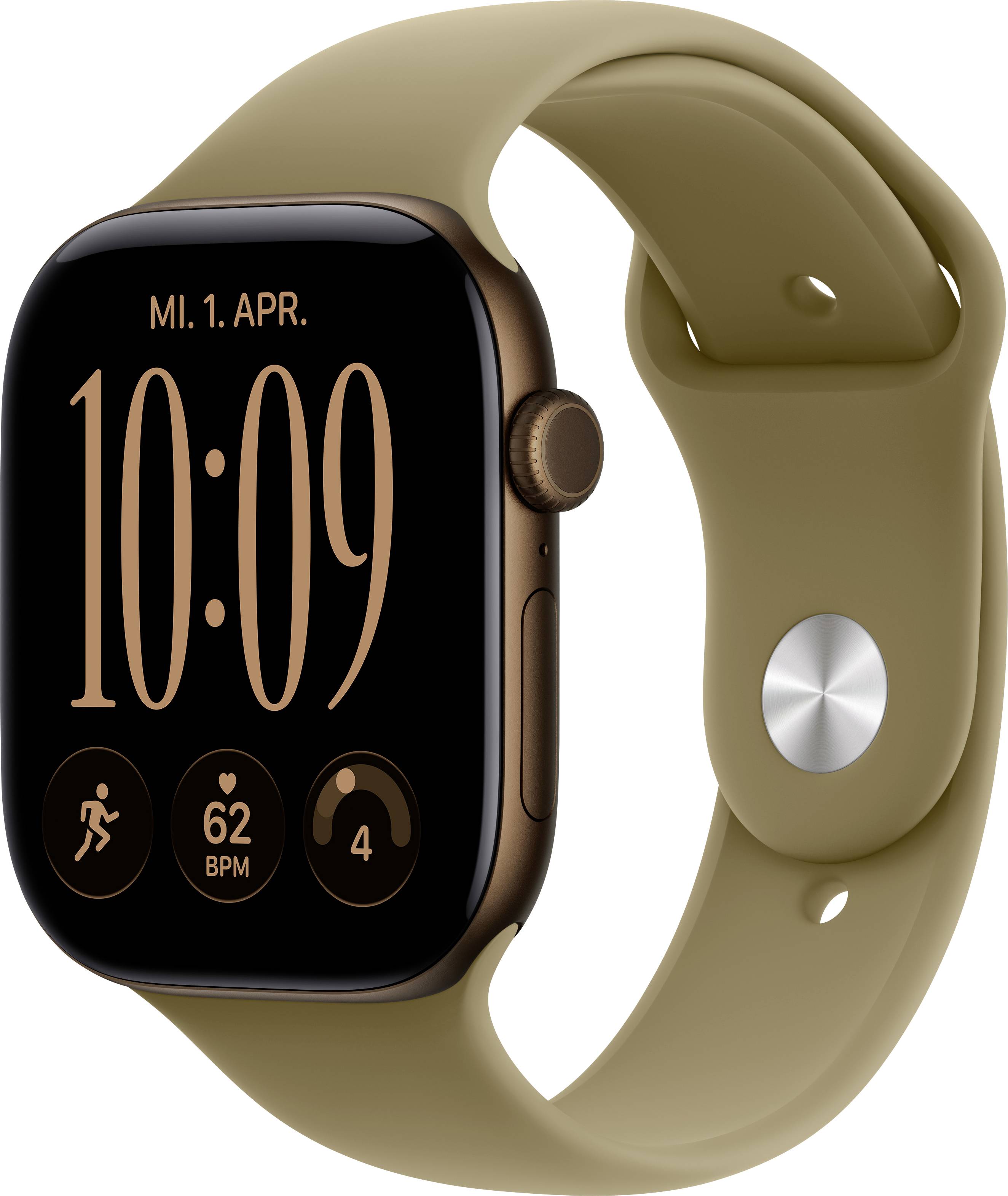 Tan Apple Watch Serie mit tanfarbenem Sportarmband, das 10:09 Uhr anzeigt, Datum „MI. 1. APR." und Anzeigen für Aktivität, Herzfrequenz und Schritte.