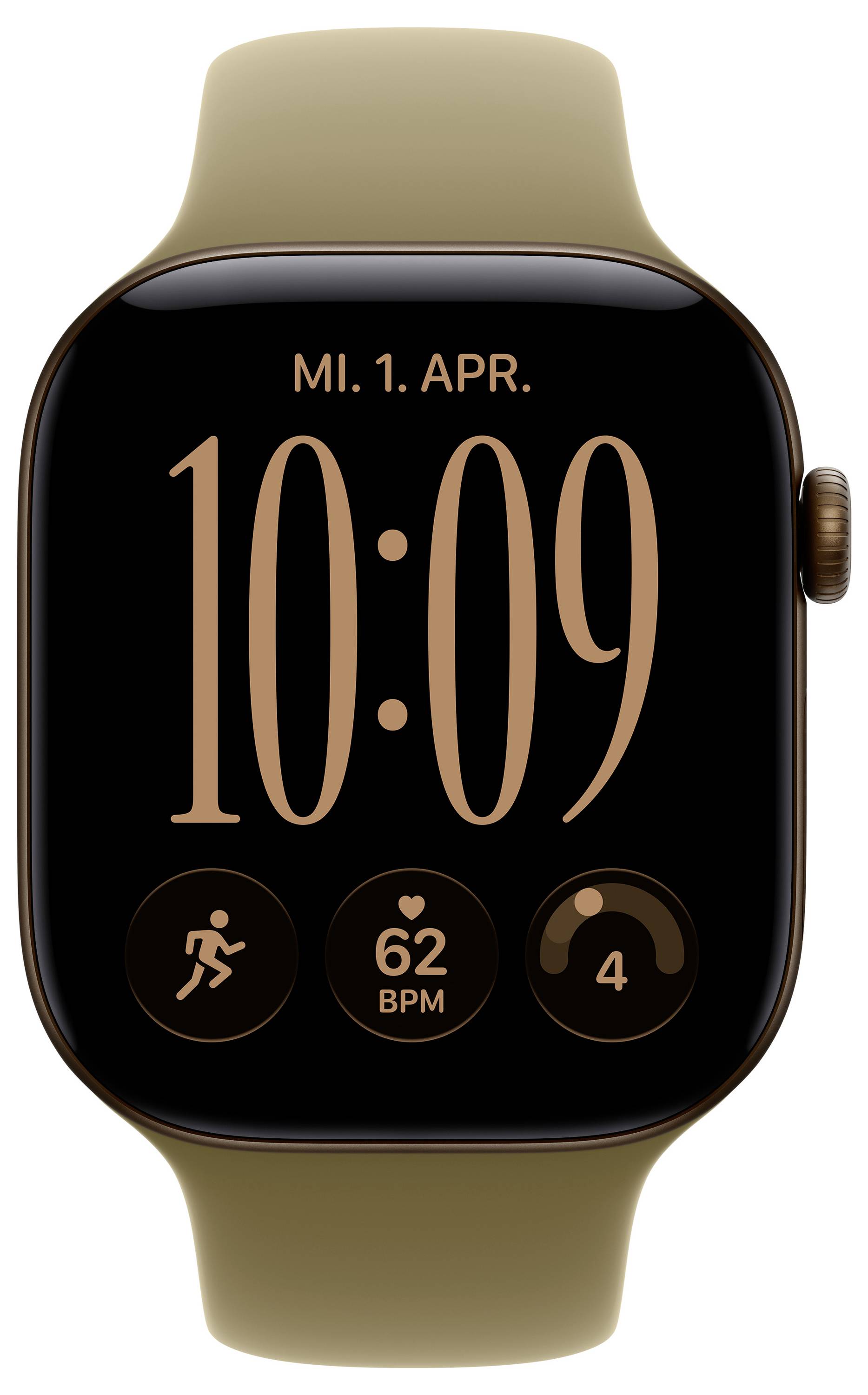 Apple Watch mit braunem Band, das Zifferblatt zeigt; Datum „MI. 1. APR." und Uhrzeit 10:09, mit Fitness-, Herzfrequenz- und Aktivitätssymbolen darunter.