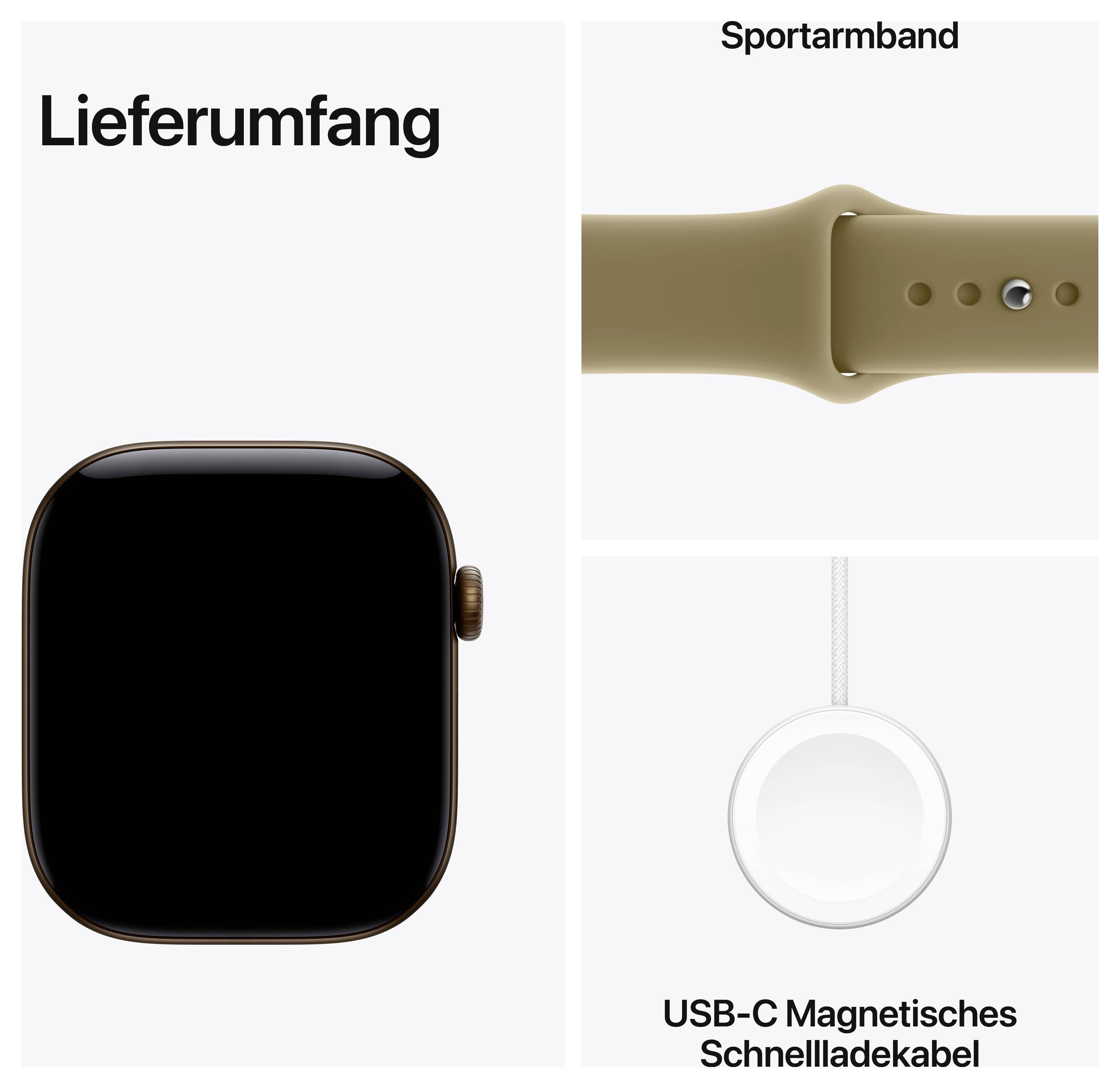 Lieferumfang eines Smartwatchesets: Uhr, Sportarmband und USB-C magnetisches Schnellladekabel.<br>