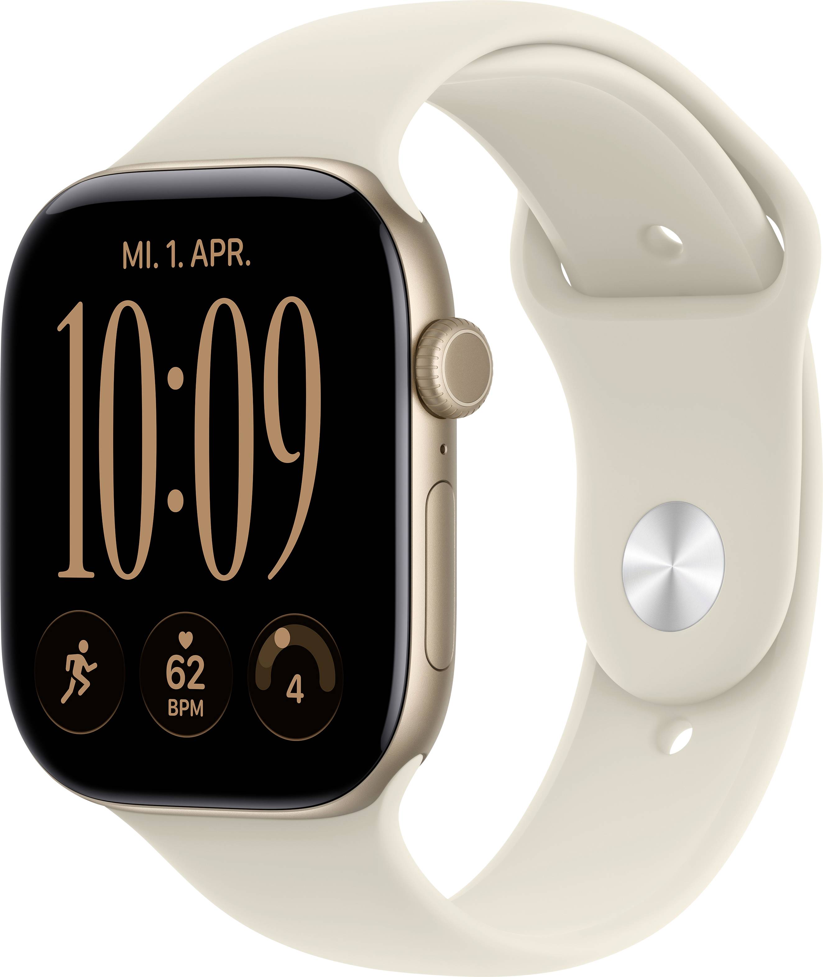Apple Watch mit Goldgehäuse und hellbeigem Armband, das 10:09 Uhr anzeigt, Datum 'MI. 1 APR.' und Herzfrequenz 62 BPM auf dem Bildschirm.