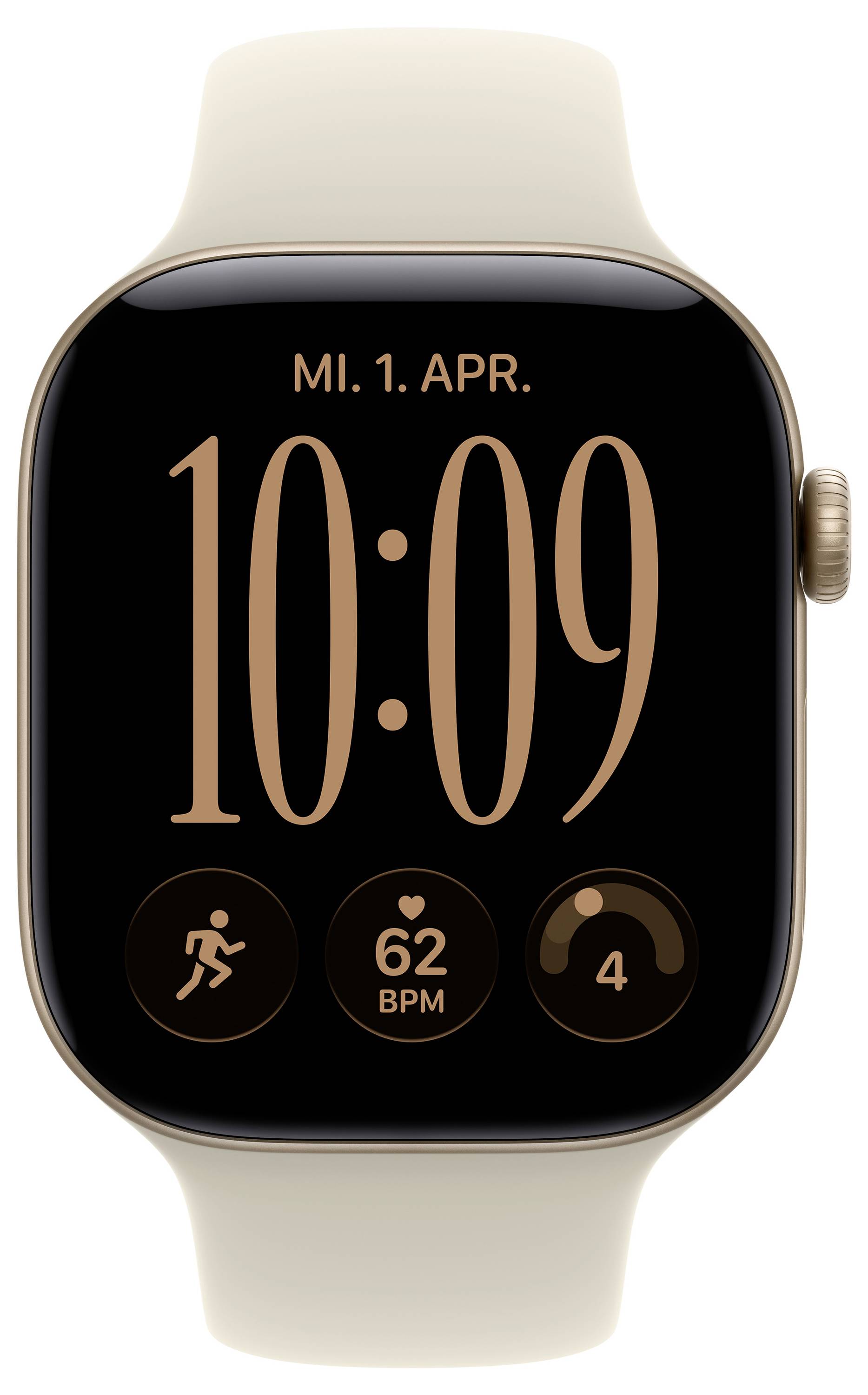 Apple Watch zeigt 10:09 am Montag, 1. April, mit Trainings-, Herzfrequenz-62 BPM- und Aktivitätsring-Komplikationen an.