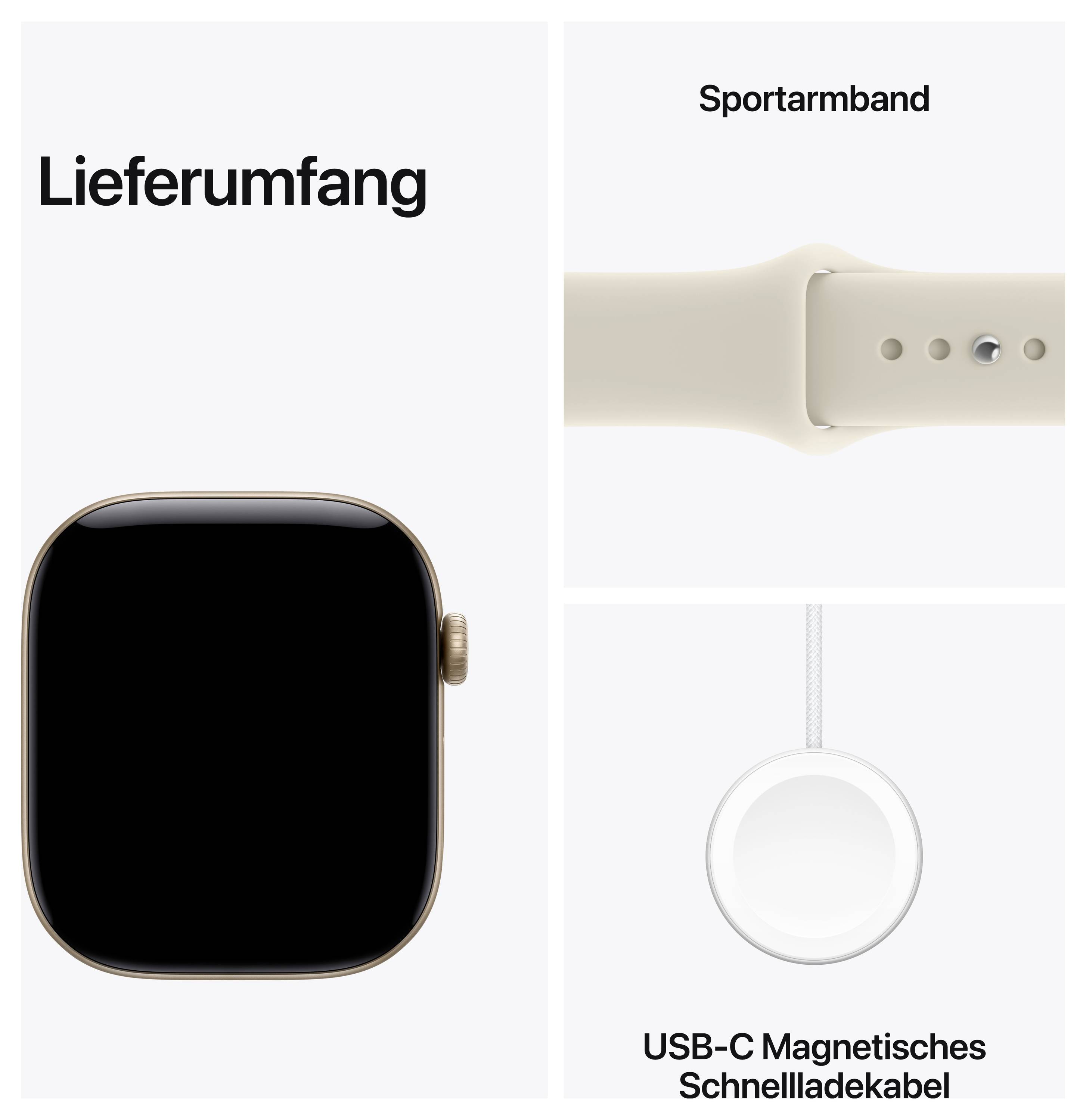 Lieferumfang: Smartwatch, Sportarmband und USB-C magnetisches Schnellladekabel.
