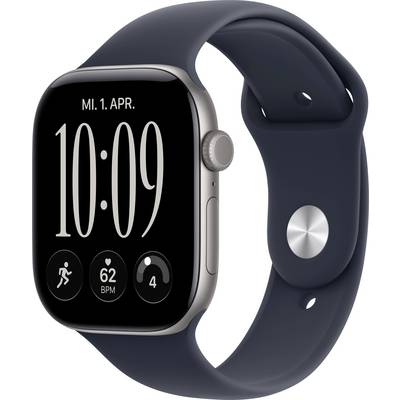 Apple Watch mit dunkelblauem Armband zeigt 10:09 an, „MI. 1. APR.", sowie Aktivität, Herzfrequenz 62 BPM und Schritte 4 auf dem Display.