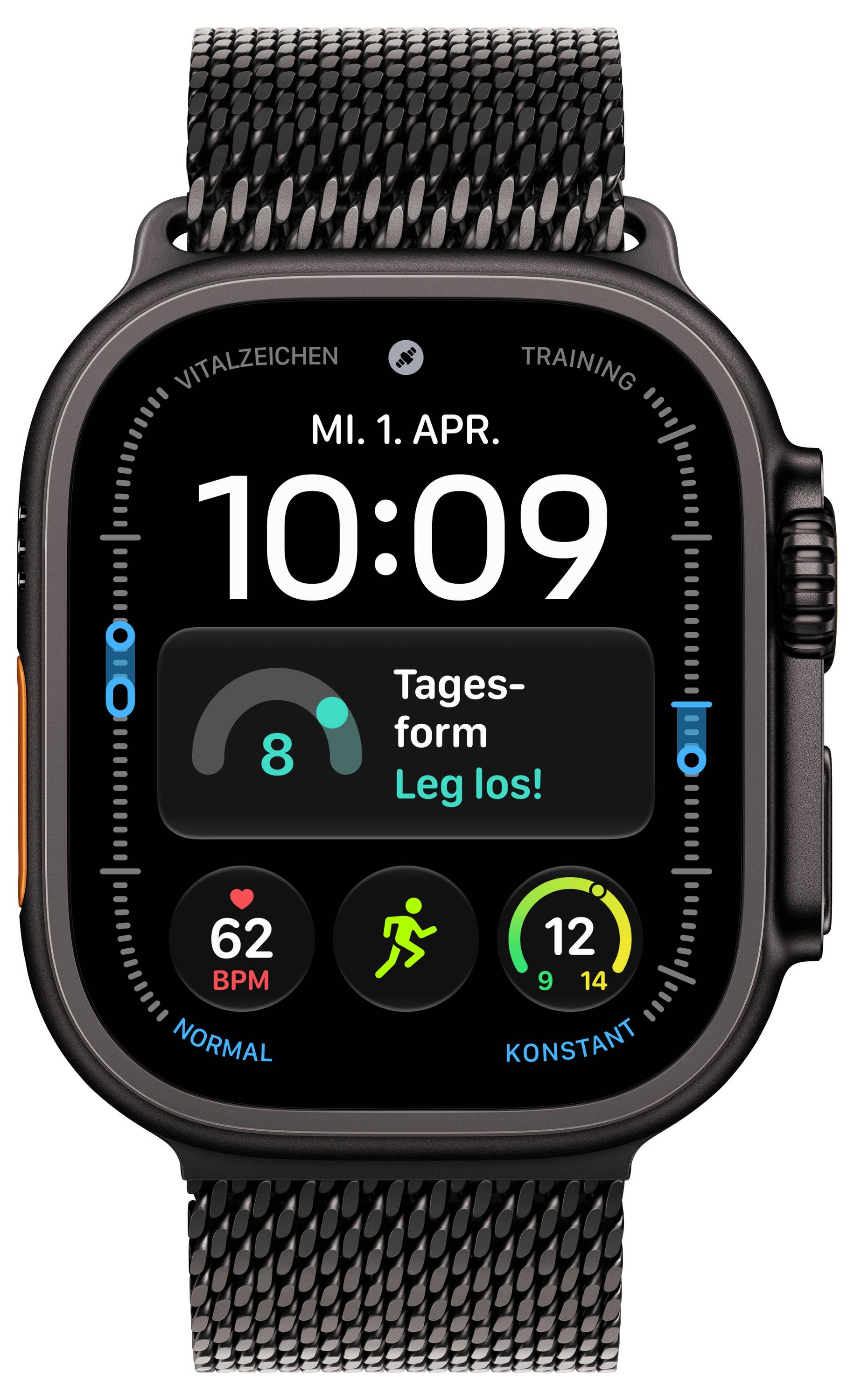 # Apple Watch Fitness Dashboard - Deutsch<br><br>**10:09**<br><br>**MI. 1. APR.**<br><br>**Herzfrequenz**<br>62 BPM<br><br>**Aktivität**<br>[Aktivitätsringe angezeigt]<br><br>---<br><br>**Bewegung** | **Trainingseinheiten** | **Stehen**<br><br>**127 / 700 kcal** | **0 / 30 min** | **3 / 12 Std.**