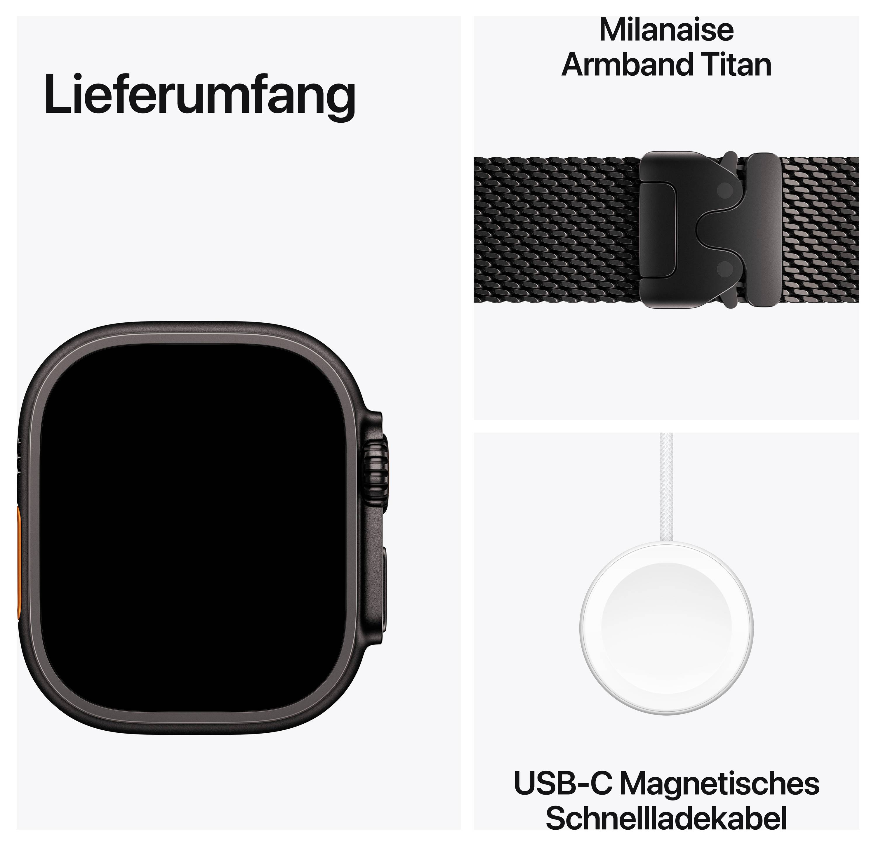 Lieferumfang: Smartwatch, Milanaise-Armband Titan und USB-C magnetisches Schnellladekabel.<br>