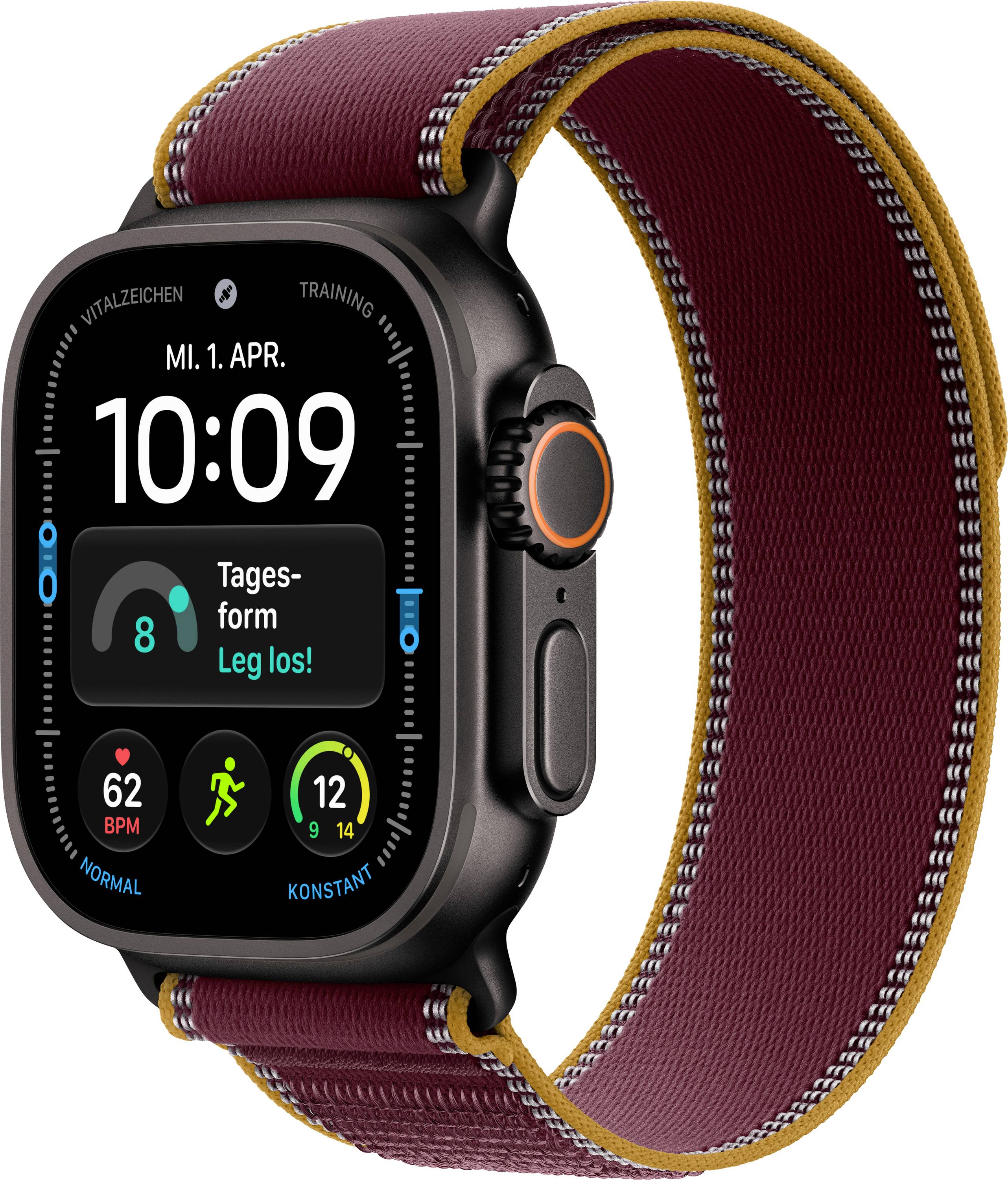 Schwarze Smartwatch mit burgunderrot-goldenem Armband, zeigt 10:09 Uhr, Dienstag 1. April, Fitness-Statistiken und eine Aufforderung zum „Mehr bewegen" auf dem Bildschirm an.
