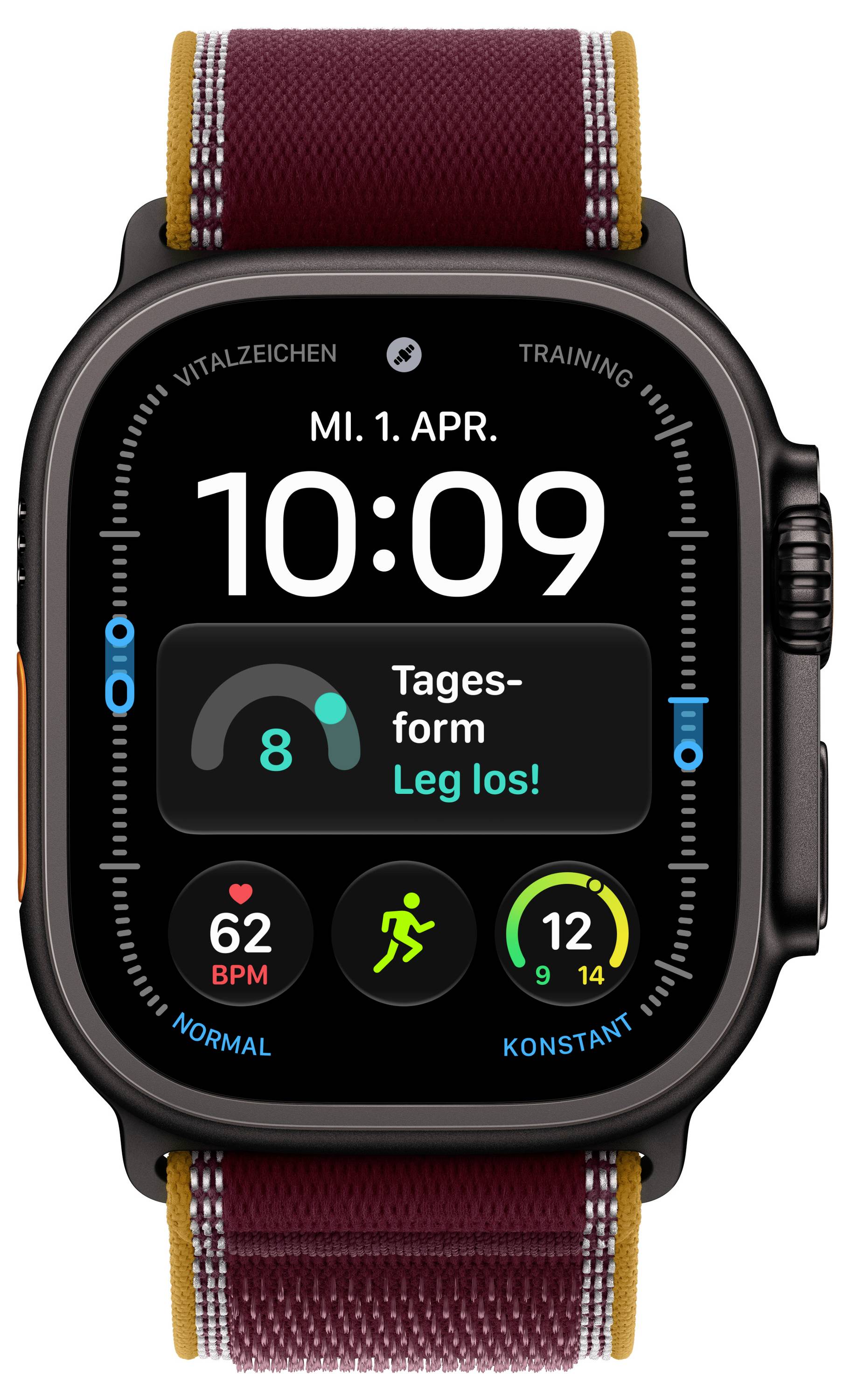 Apple Watch-Display zeigt „Tagesform" mit Uhrzeit 10:09, 1. Apr., Herzfrequenz 62 BPM und Trainingsringe/Statussymbole