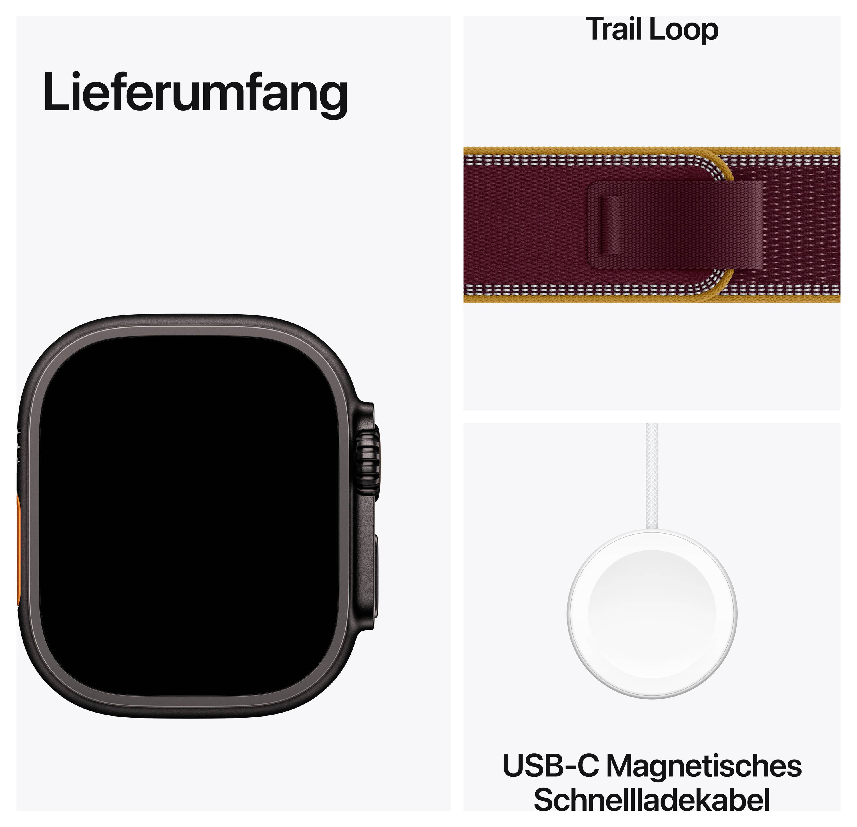 Lieferumfang der Uhr: Apple Watch, Trail Loop-Armband und USB-C-Magnetisches Schnellladekabel.<br>
