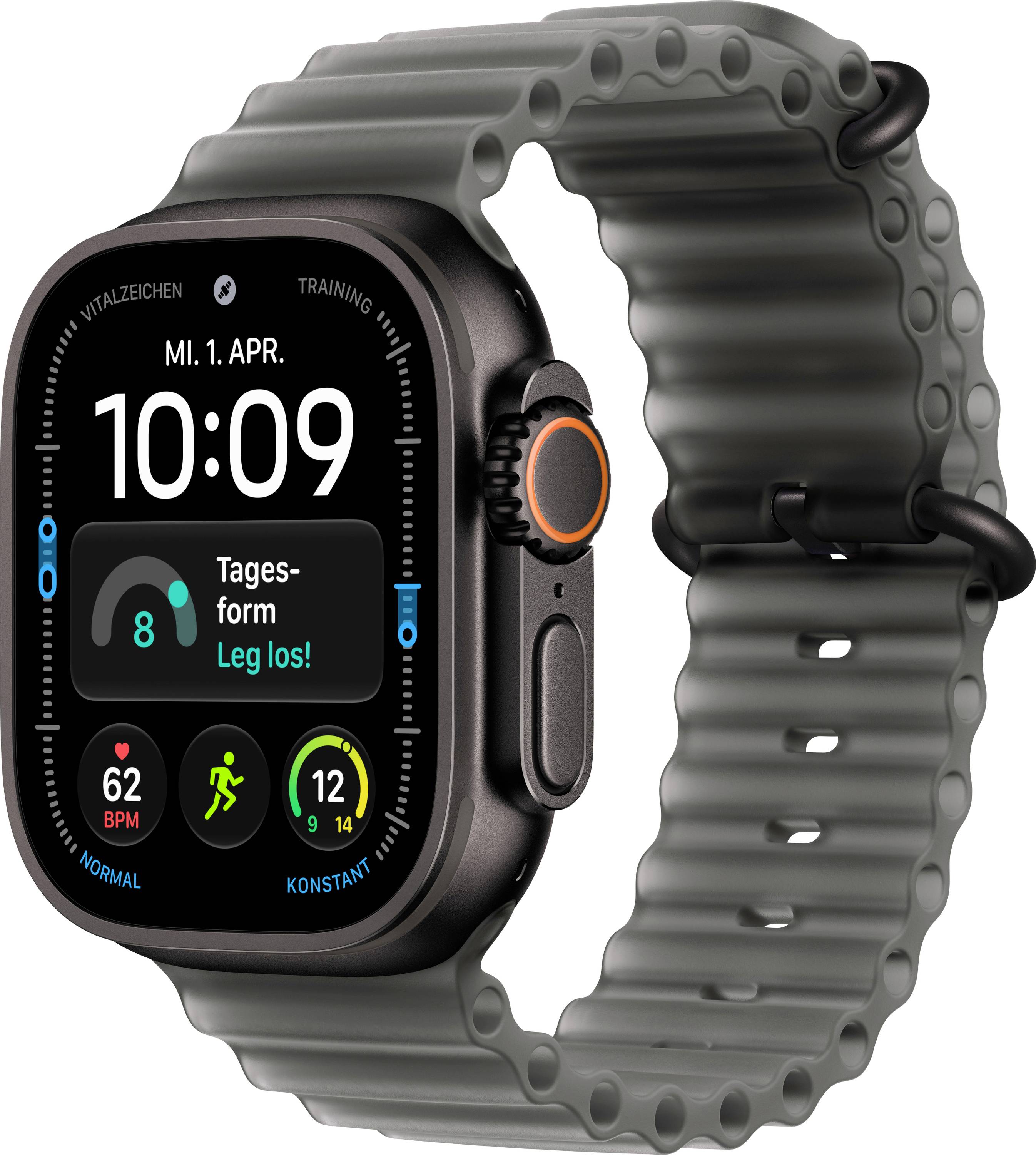 Schwarze Smartwatch mit grauem robustem Armband, zeigt 10:09 und Gesundheitsmetriken auf dem Display an.