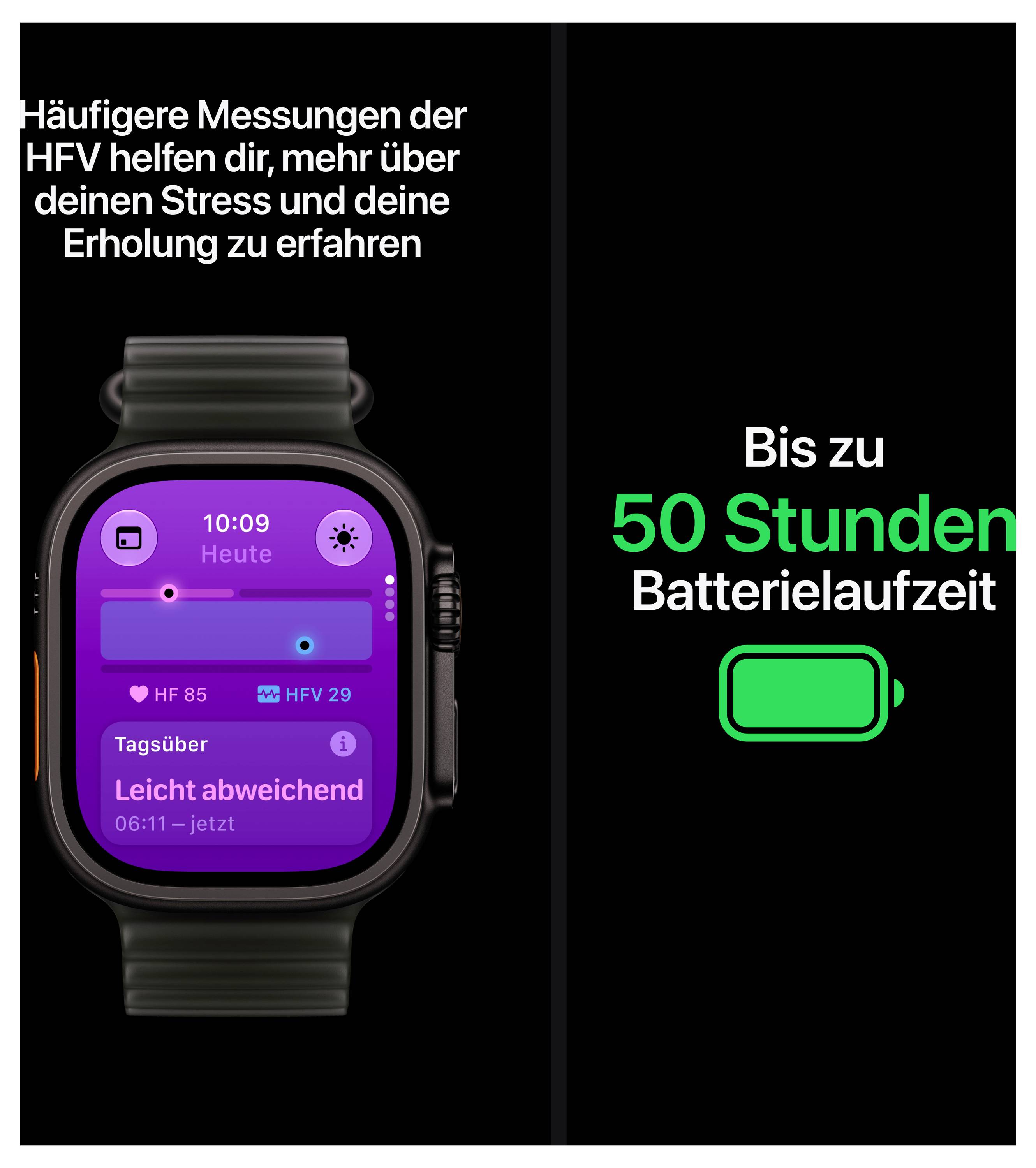 Werbung für eine Smartwatch: Links Text zu HFV-Messungen für Stress und Erholung, rechts 'Bis zu 50 Stunden Batterielaufzeit' mit Akku-Symbol.