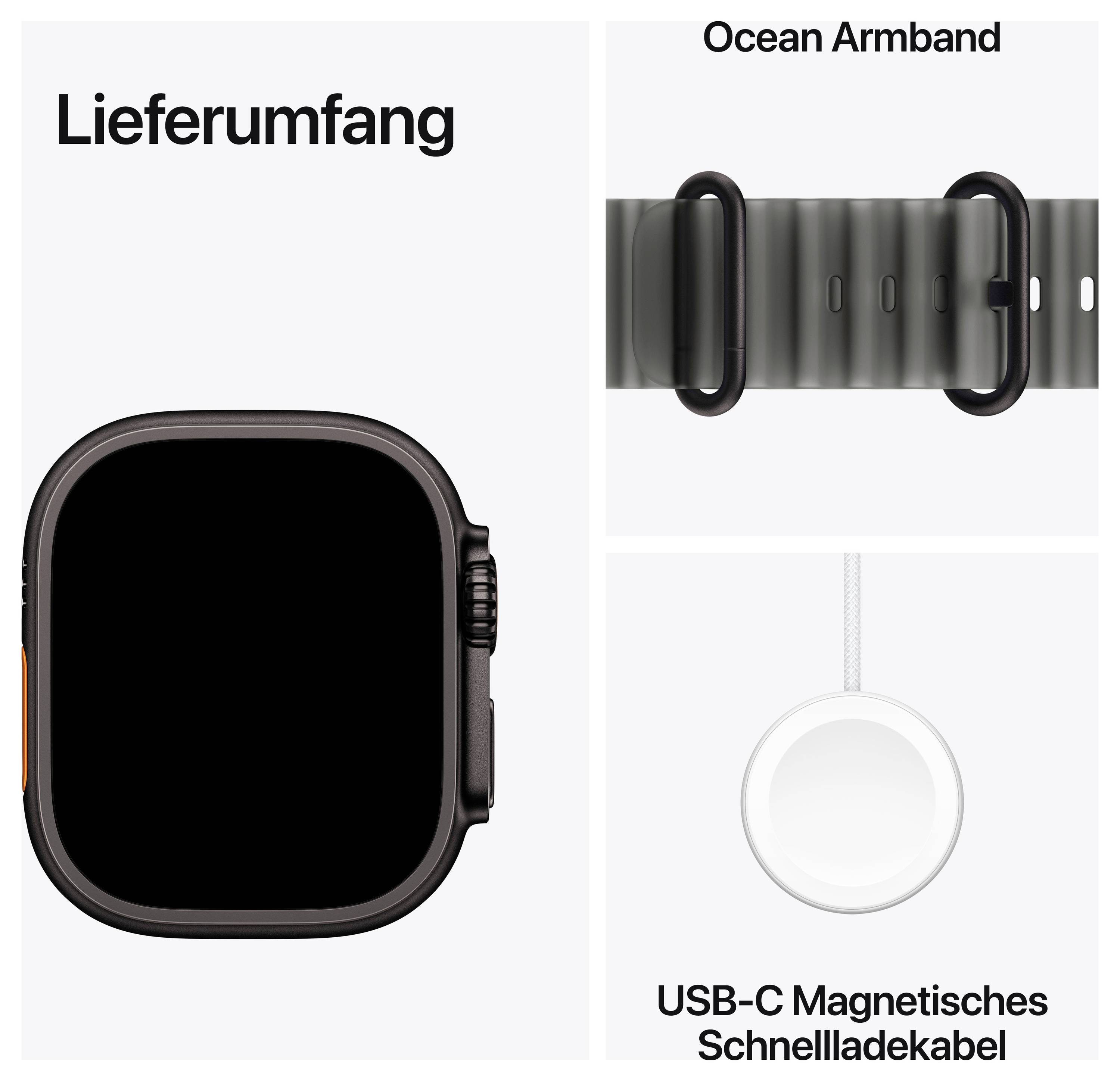 Produktübersicht für eine Smartwatch: links das Gehäuse, rechts das Ocean Armband und darunter das USB-C Magnetische Schnellladekabel.