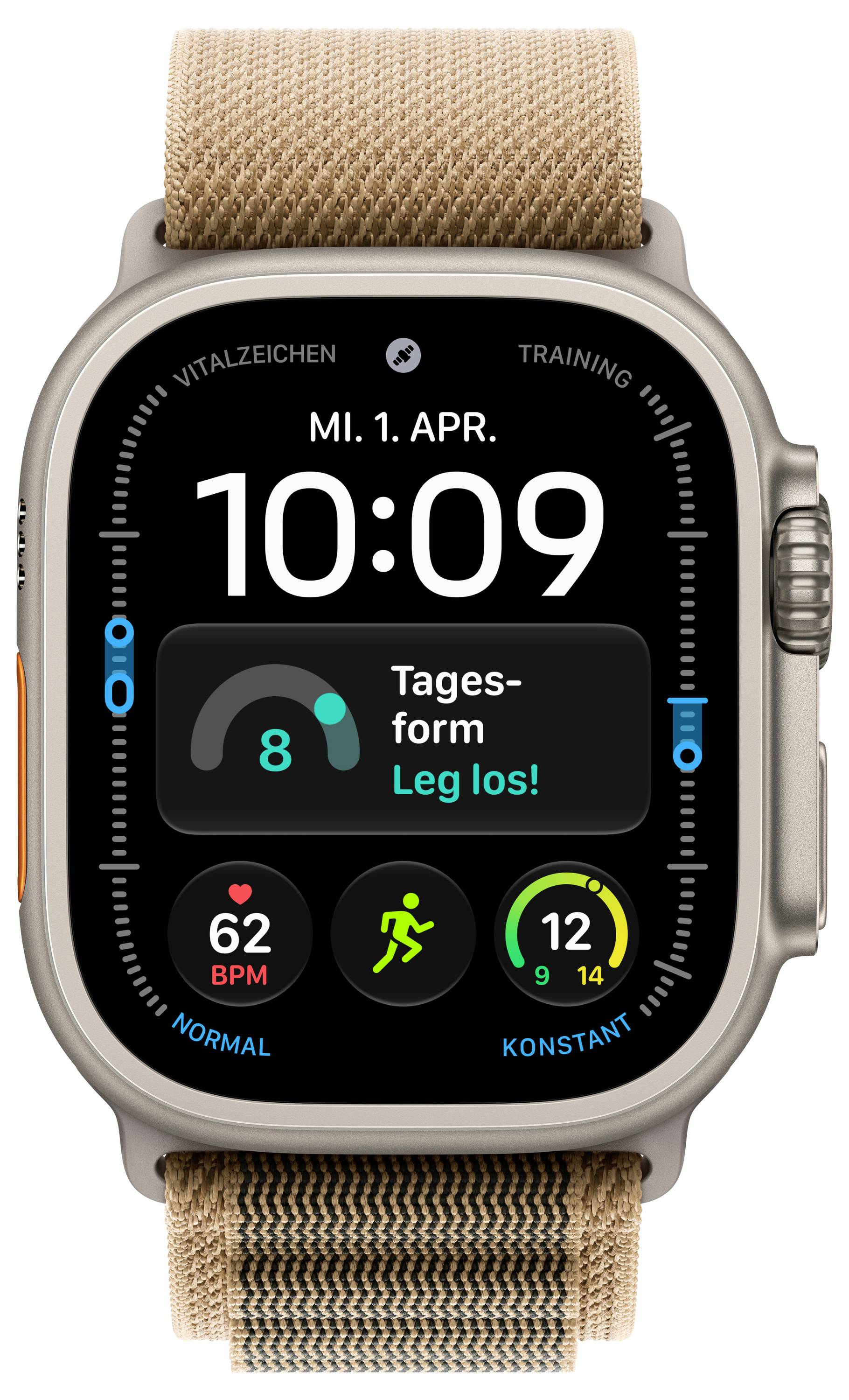 Apple Watch zeigt ein Fitness-Dashboard auf Deutsch an, mit der Uhrzeit 10:09 am Montag, 1. April, und Aktivitäts-, Herzfrequenz- und Trainingsmetriken auf dem Bildschirm.