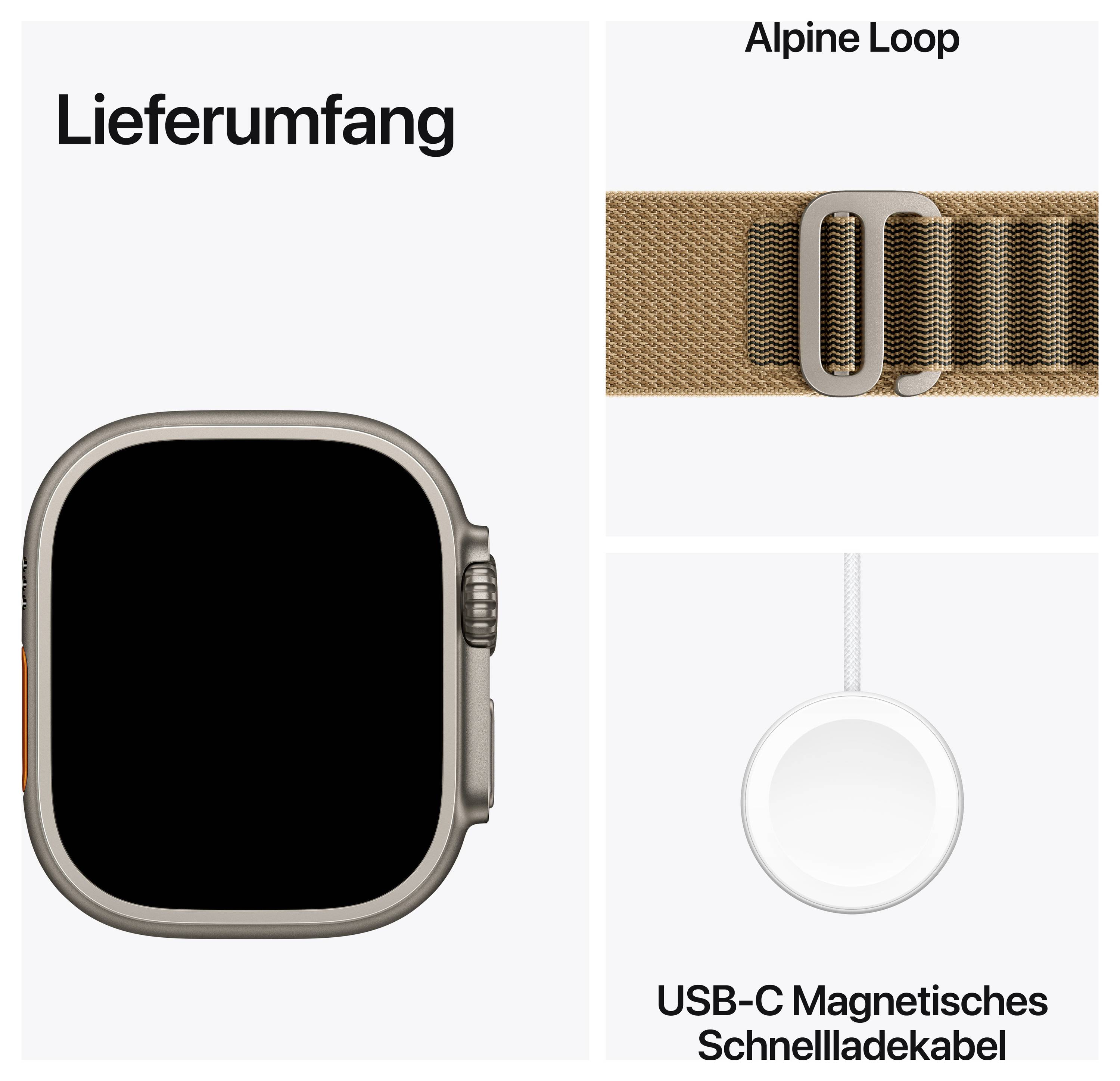 Lieferumfang: Apple Watch, Alpine Loop und USB-C magnetisches Schnellladekabel.