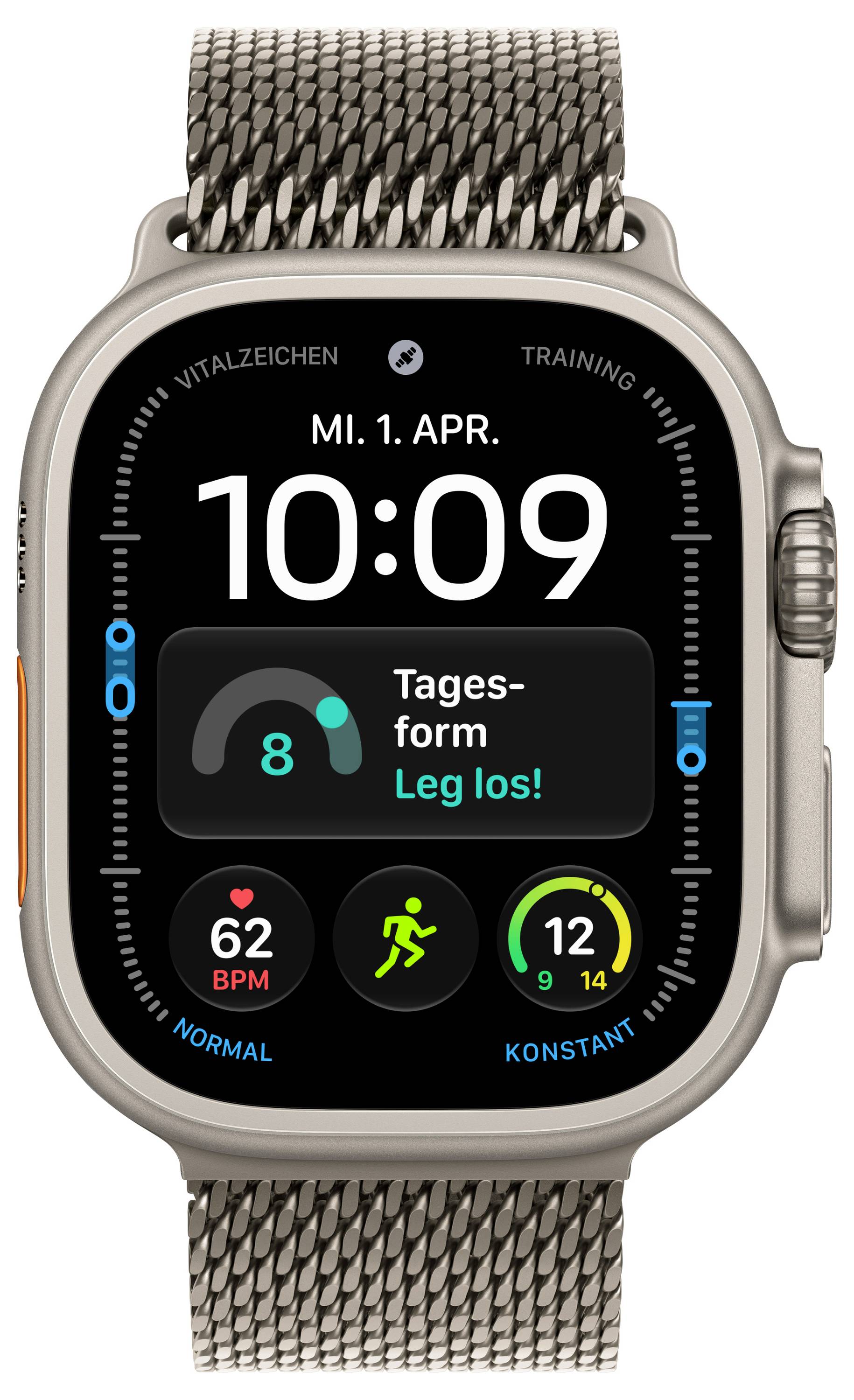 Apple Watch Anzeige mit der Uhrzeit 10:09 am Montag, 1. April, mit einer Trainingsaufforderung auf Deutsch „Tages-form Leg los!" und Gesundheits-/Aktivitätsstatistiken.