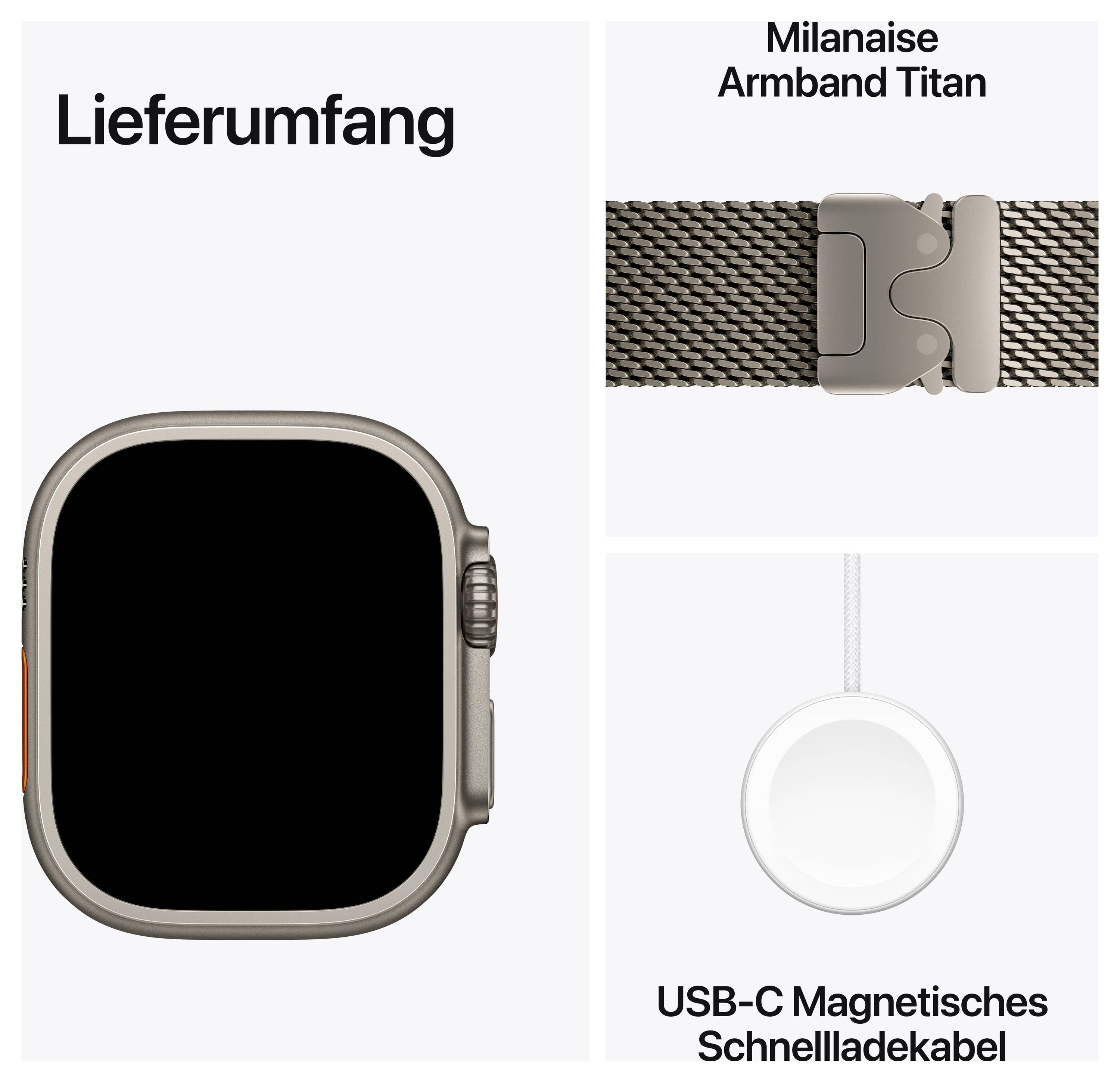 Lieferumfang einer Smartwatch: Uhrgehäuse, Trail Loop und USB-C magnetisches Schnellladekabel.