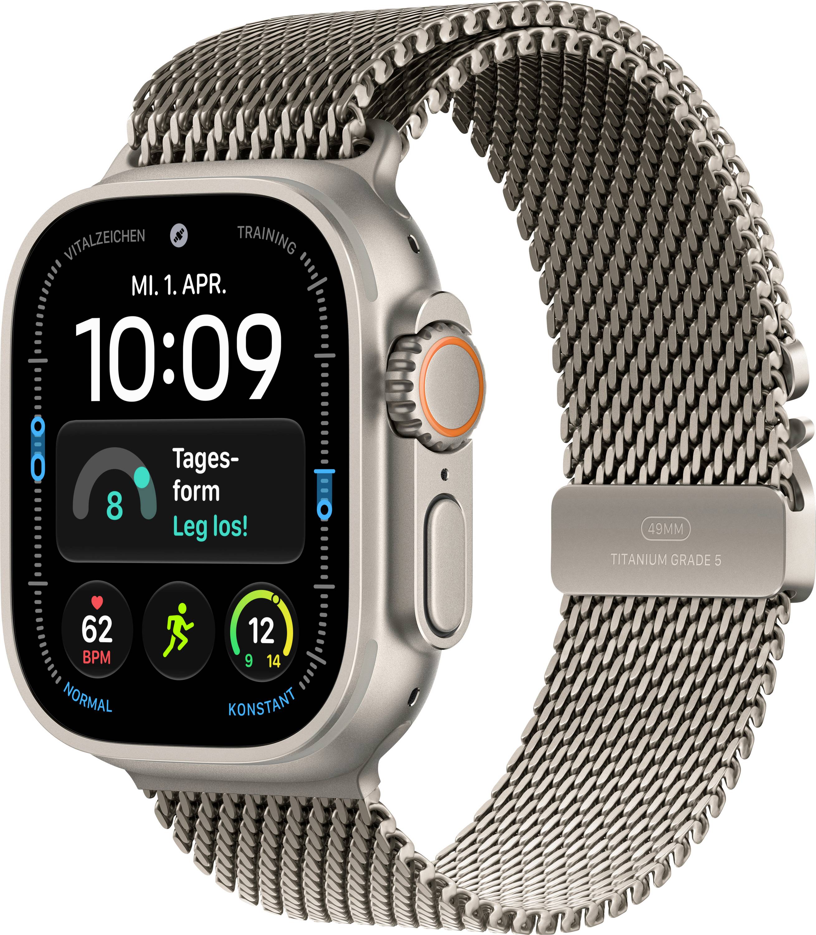 Silberne Apple Watch mit Milanaise-Armband, zeigt die Uhrzeit 10:09 und Fitness-Metriken auf dem Display.